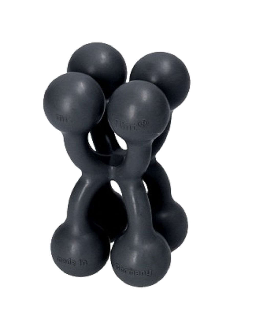 Produit de bien-être gris avec quatre extrémités sphériques. Inscription "Flint" et "Made in Germany".