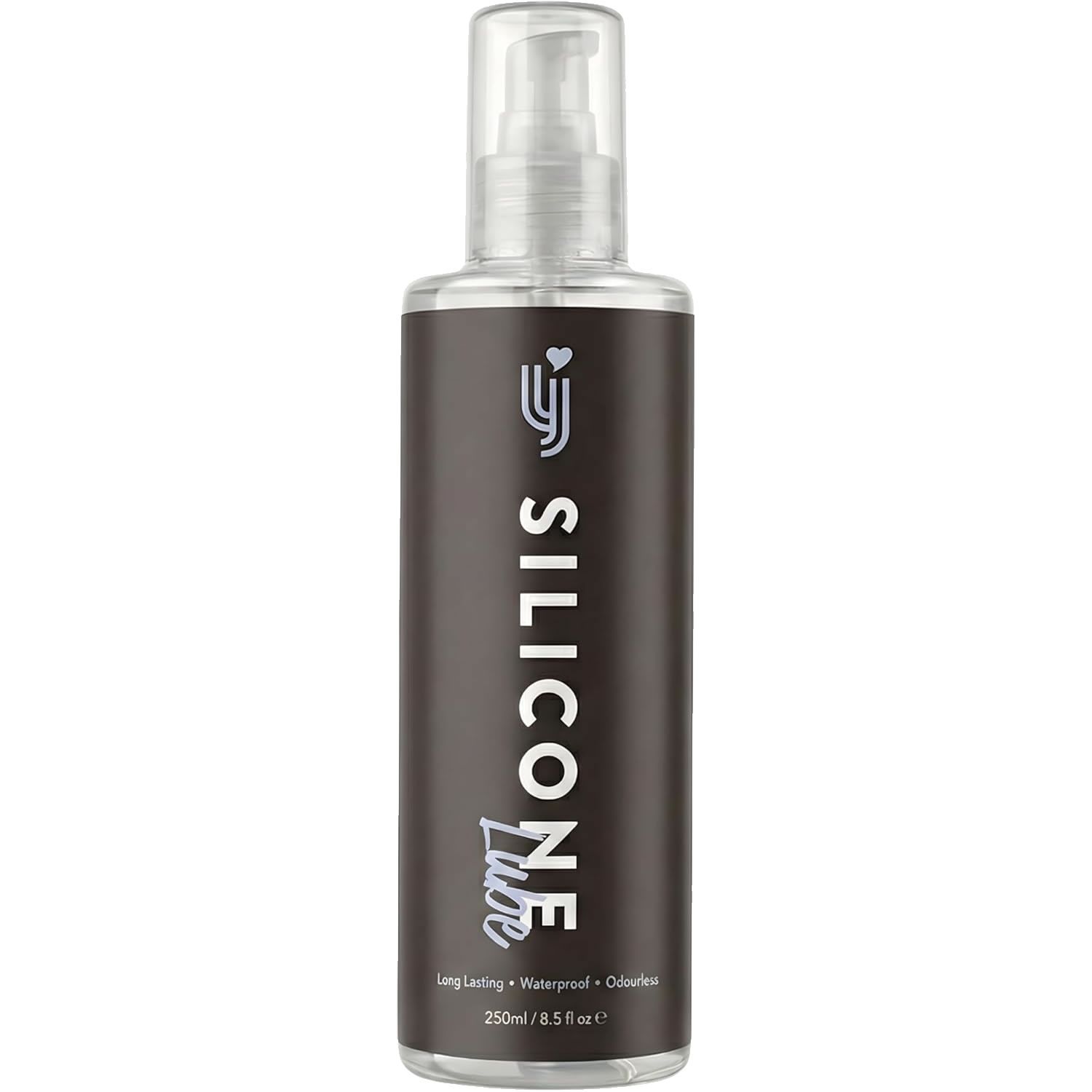 Cilindrische fles met pomp. Opschrift SILICONE Lube. Tekst: Long Lasting, Waterproof, Odourless. Volume: 250ml/8.5 fl oz.