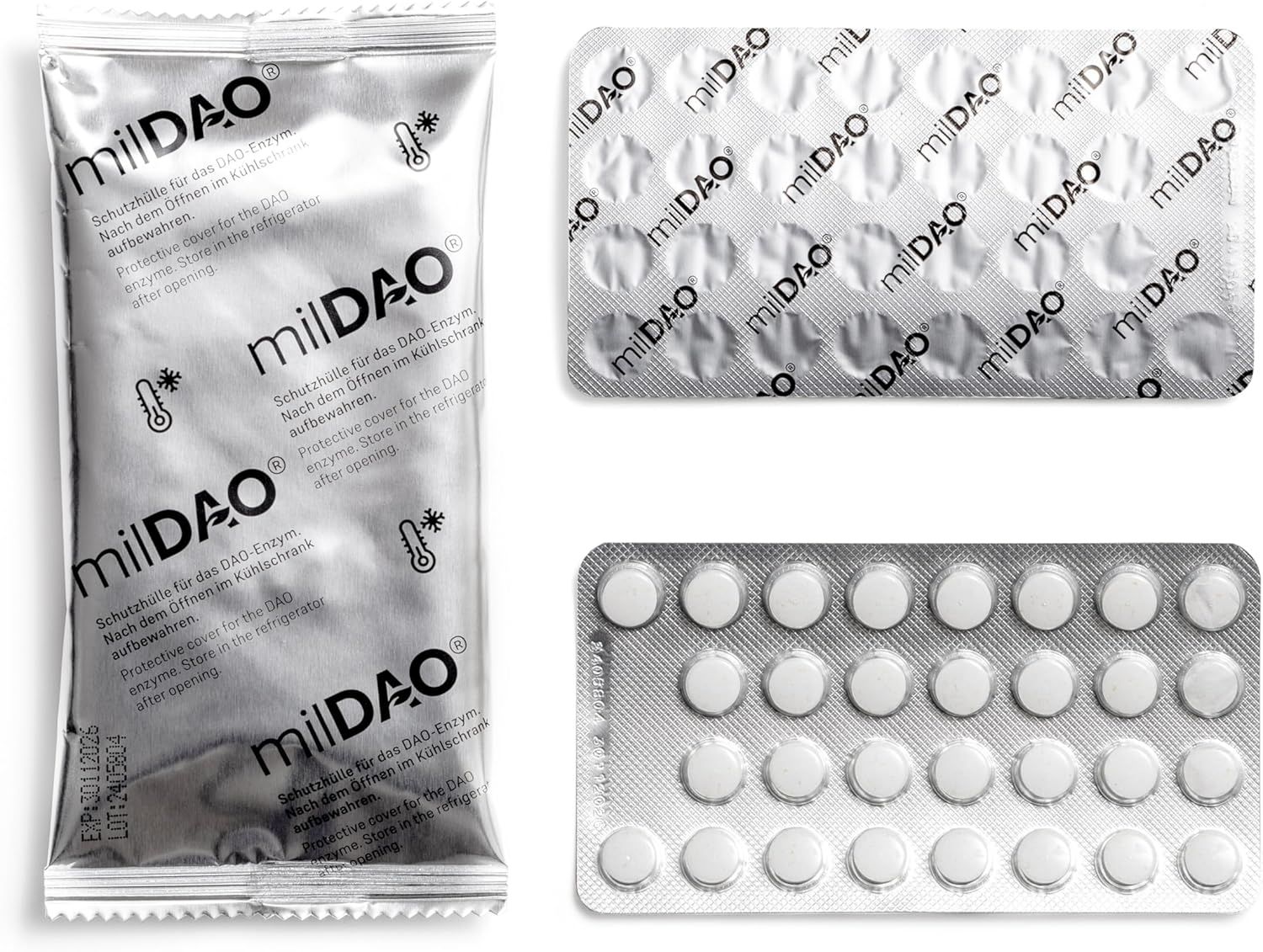 Emballage de comprimés milDAO. Blisters individuels et un sachet de comprimés. Nom du produit visible.