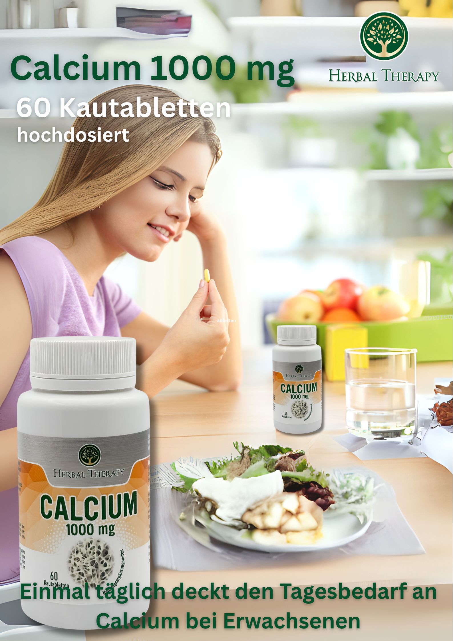Flacon de produit Calcium 1000 mg et une femme prenant un comprimé. Texte : Couvre les besoins quotidiens en calcium chez les adultes.