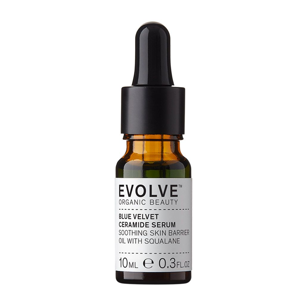 Evolve Organic Beauty Blue Velvet Ceramide Serum in bruine glazen fles met druppelaar. 10ml.