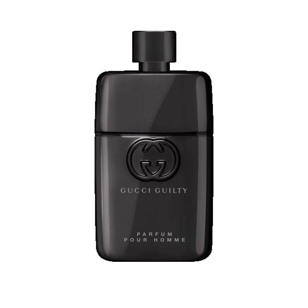 Zwarte fles Gucci Guilty Parfum Pour Homme. Gucci-logo. Rechthoekige vorm. Zwarte dop. Witte tekst.