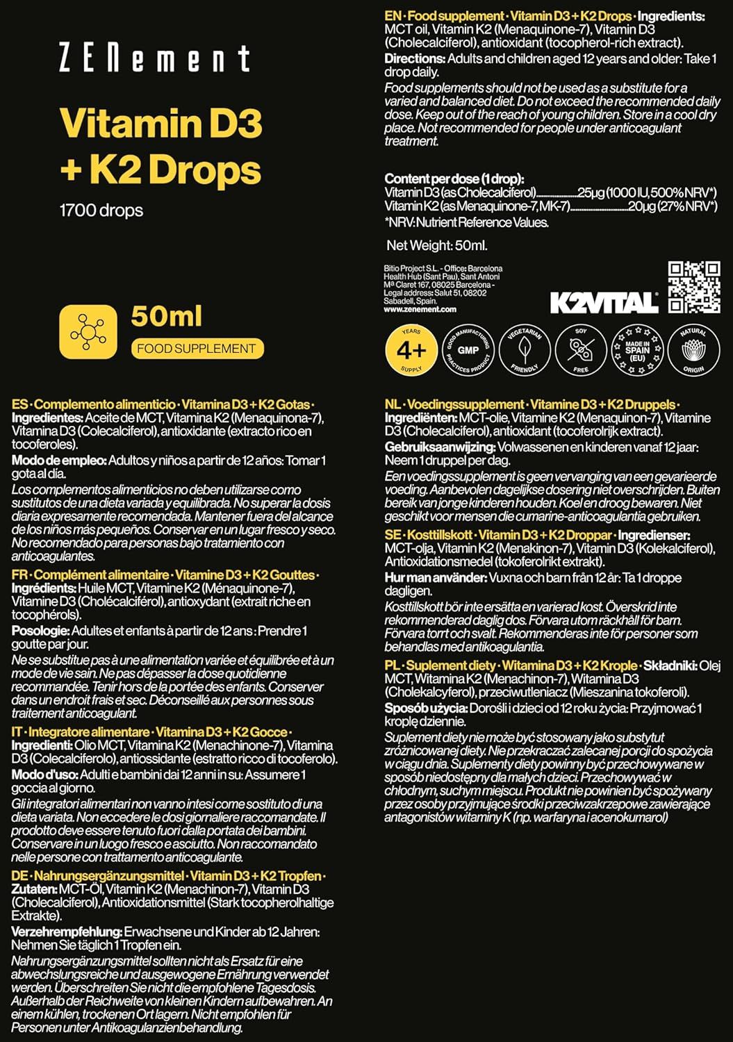 Achterkant van de verpakking van Zenement Vitamine D3 + K2 Druppels met gebruiksaanwijzing en ingrediënten.