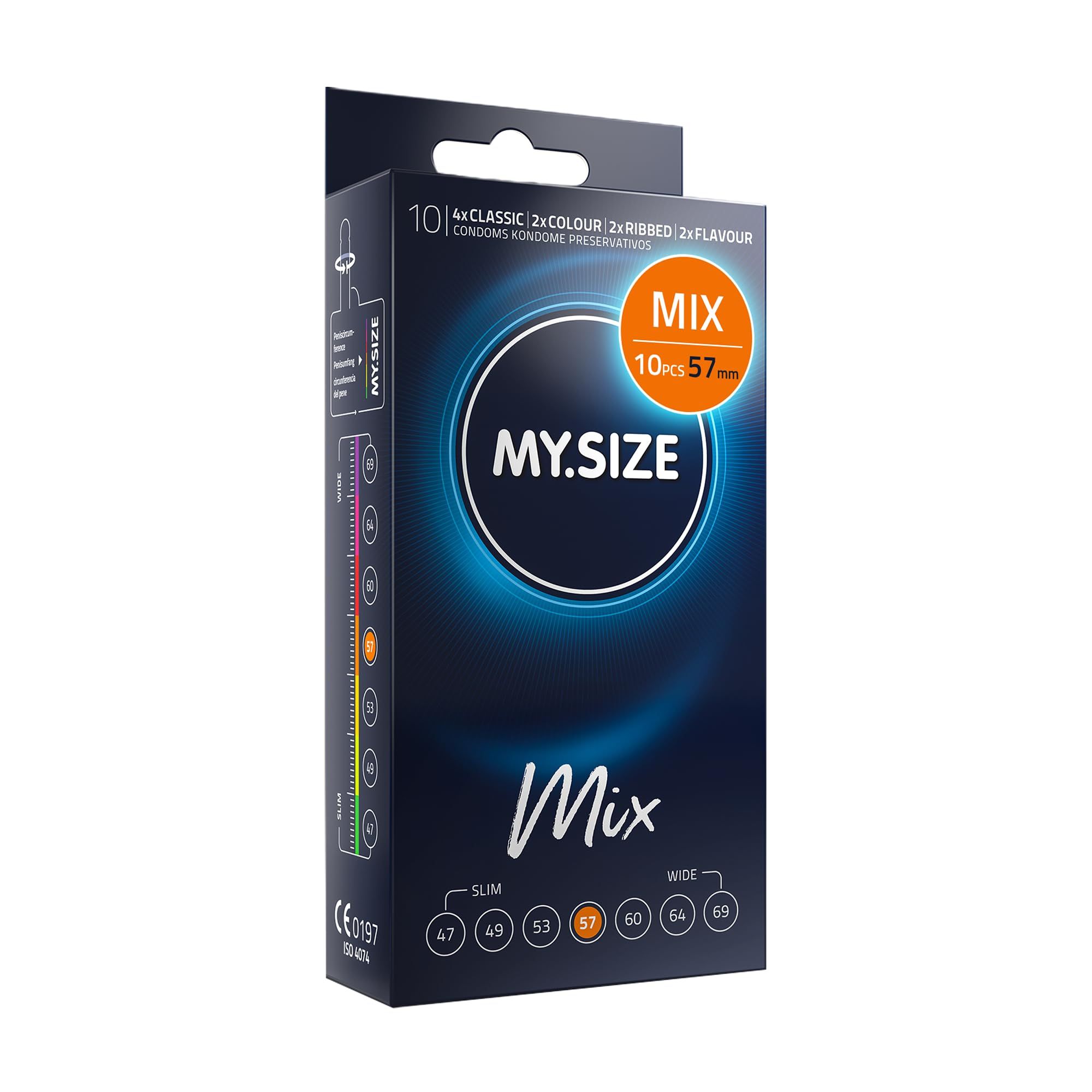Préservatifs MY.SIZE Mix : 4 gammes (Classic, Colour, Flavour, Ribbed). Montre des emballages individuels et des descriptions.