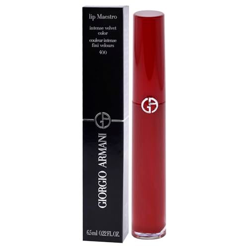 Rode lipstick en zwarte verpakking. Opschrift: Giorgio Armani, Lip Maestro, 400. Zilveren logo.