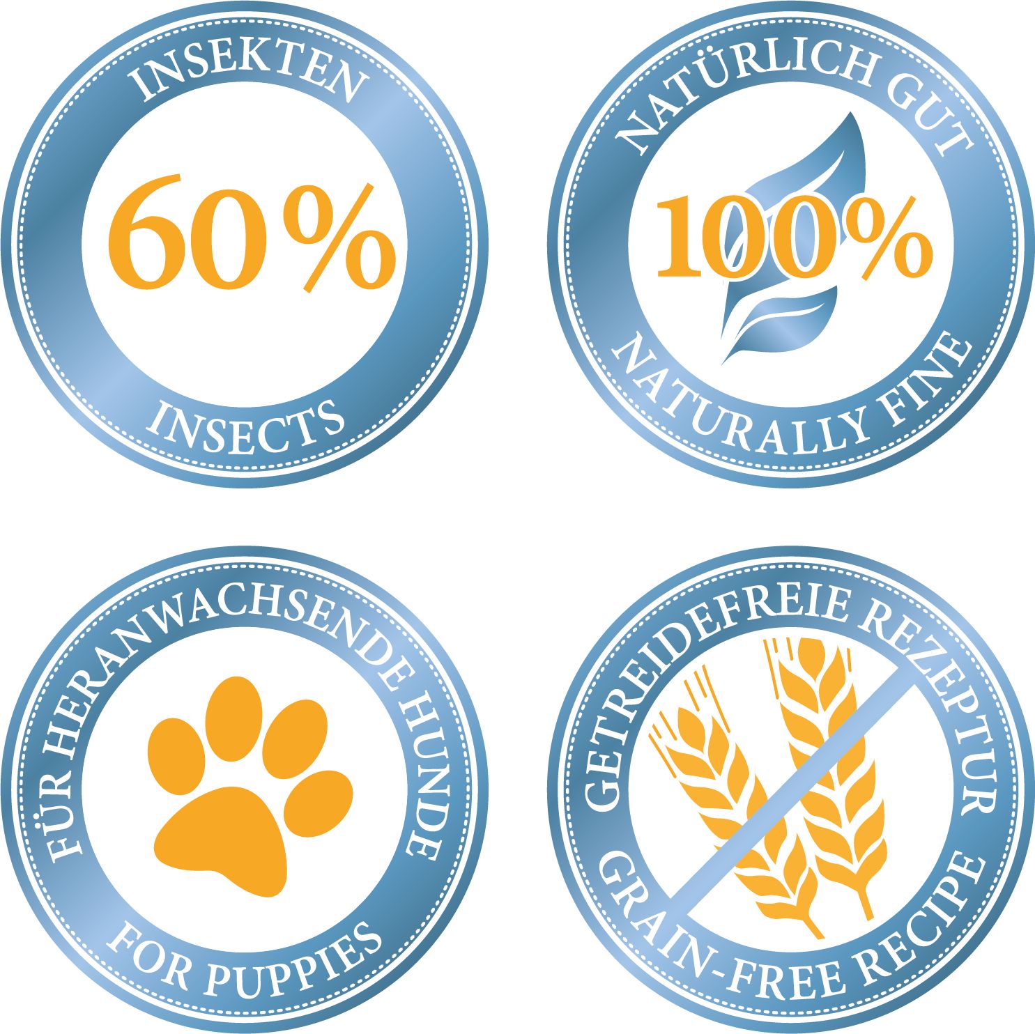 Cirkelvormige logo's met tekst. Tonen 60% insecten, 100% natuurlijk, voor puppy's en graanvrij recept.