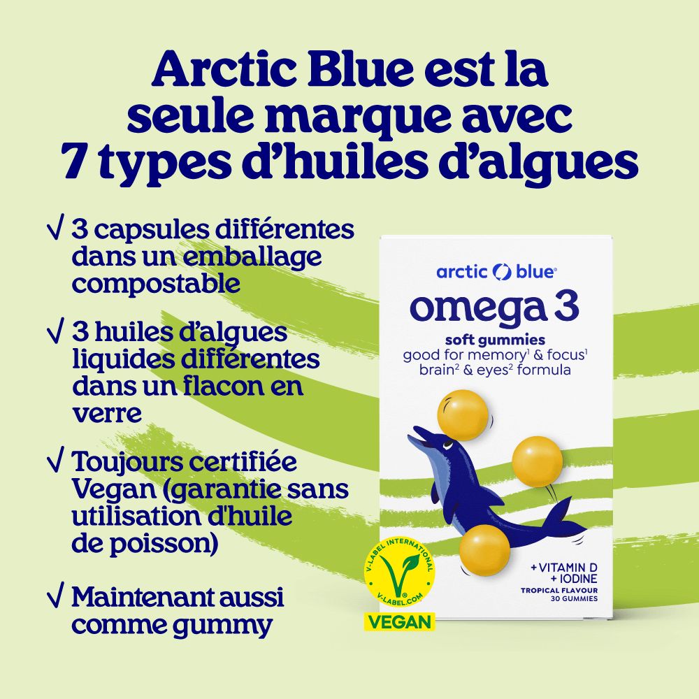 Arctic Blue : marque unique avec 7 produits d'huile d'algues, certifiée vegan.