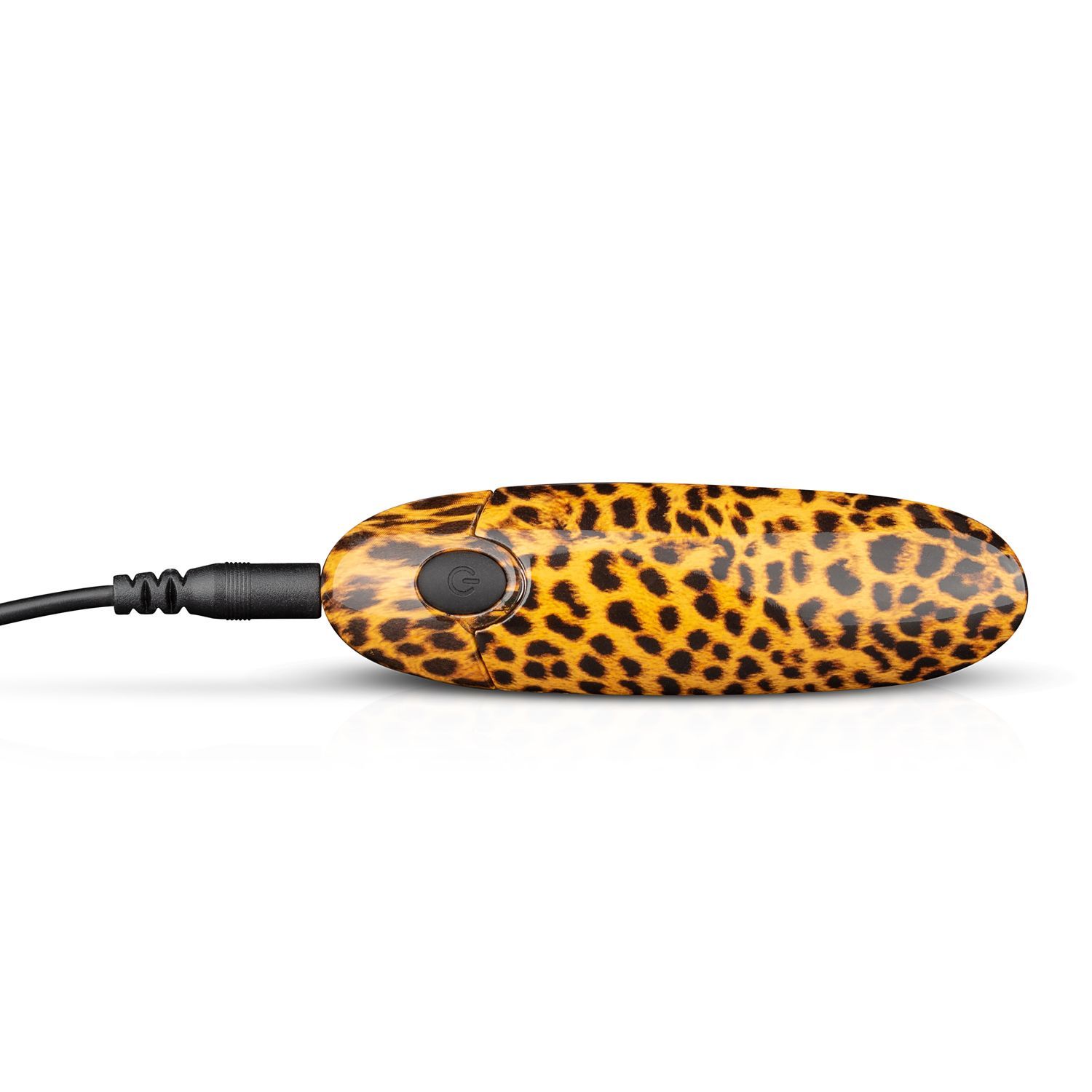 Vibrator met luipaardprint. Ovale vorm. Zwarte knop. Met kabelaansluiting.