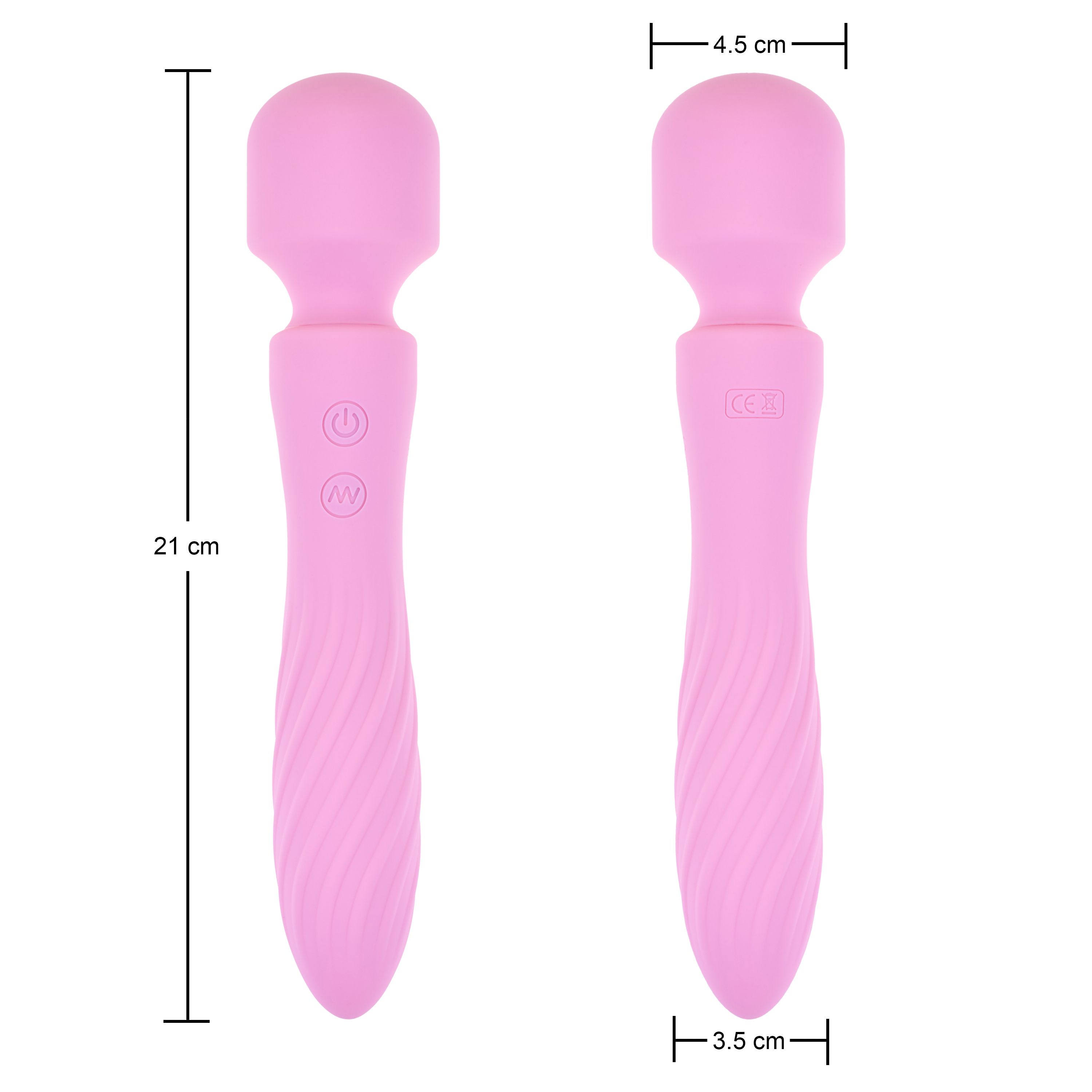 Vibrateur rose, tête arrondie, manche ondulé. Dimensions: 21 cm long, 4,5 cm tête, 3,5 cm manche.