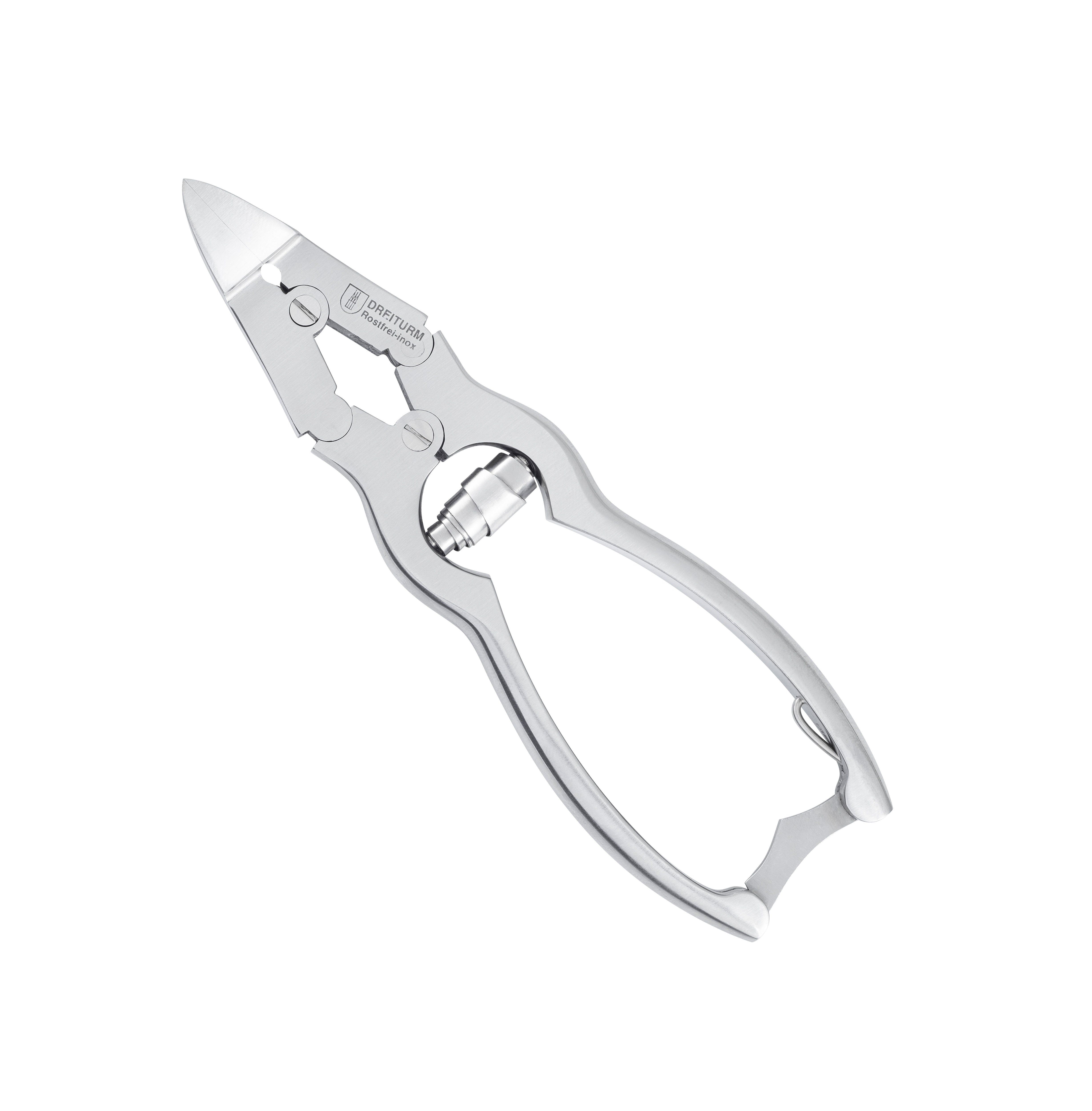 Pince à ongles en métal argenté. Mécanisme à levier et lame biseautée. Marque DREITURM Solingen.