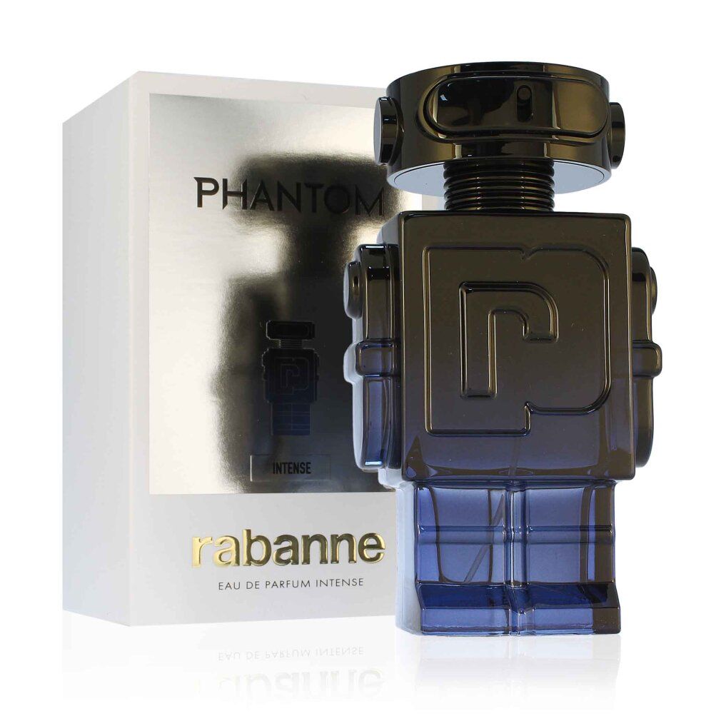 Paco Rabanne Phantom Intense Eau de Parfum Spray. Blauw-zwarte robotvormige flacon. Witte verpakking met productnaam.