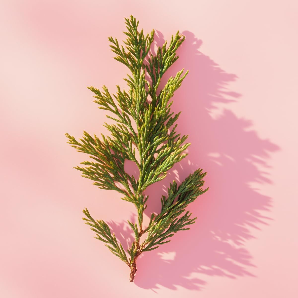 Branche verte avec aiguilles sur fond rose avec ombre.