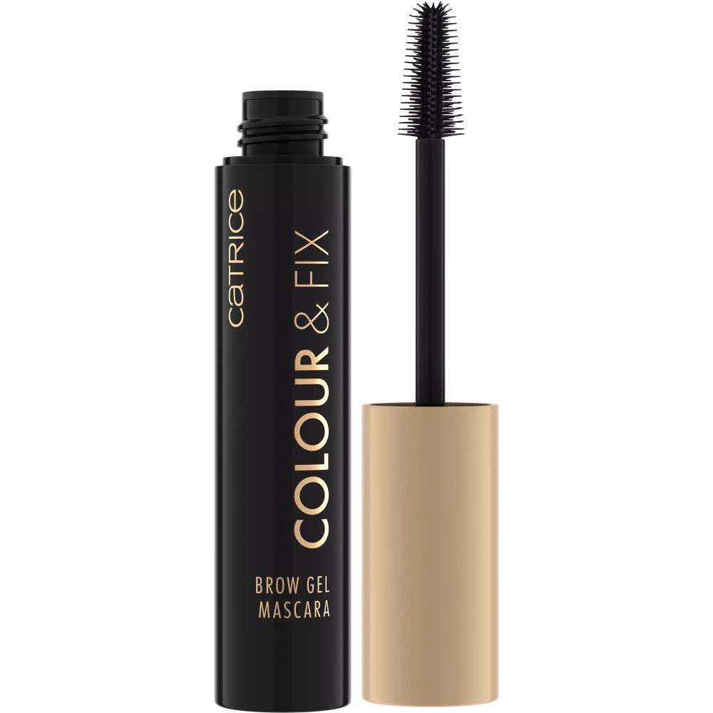 Zwarte mascara-tube met gouden tekst. Applicator eruit. Productnaam: Colour & Fix Brow Gel Mascara.
