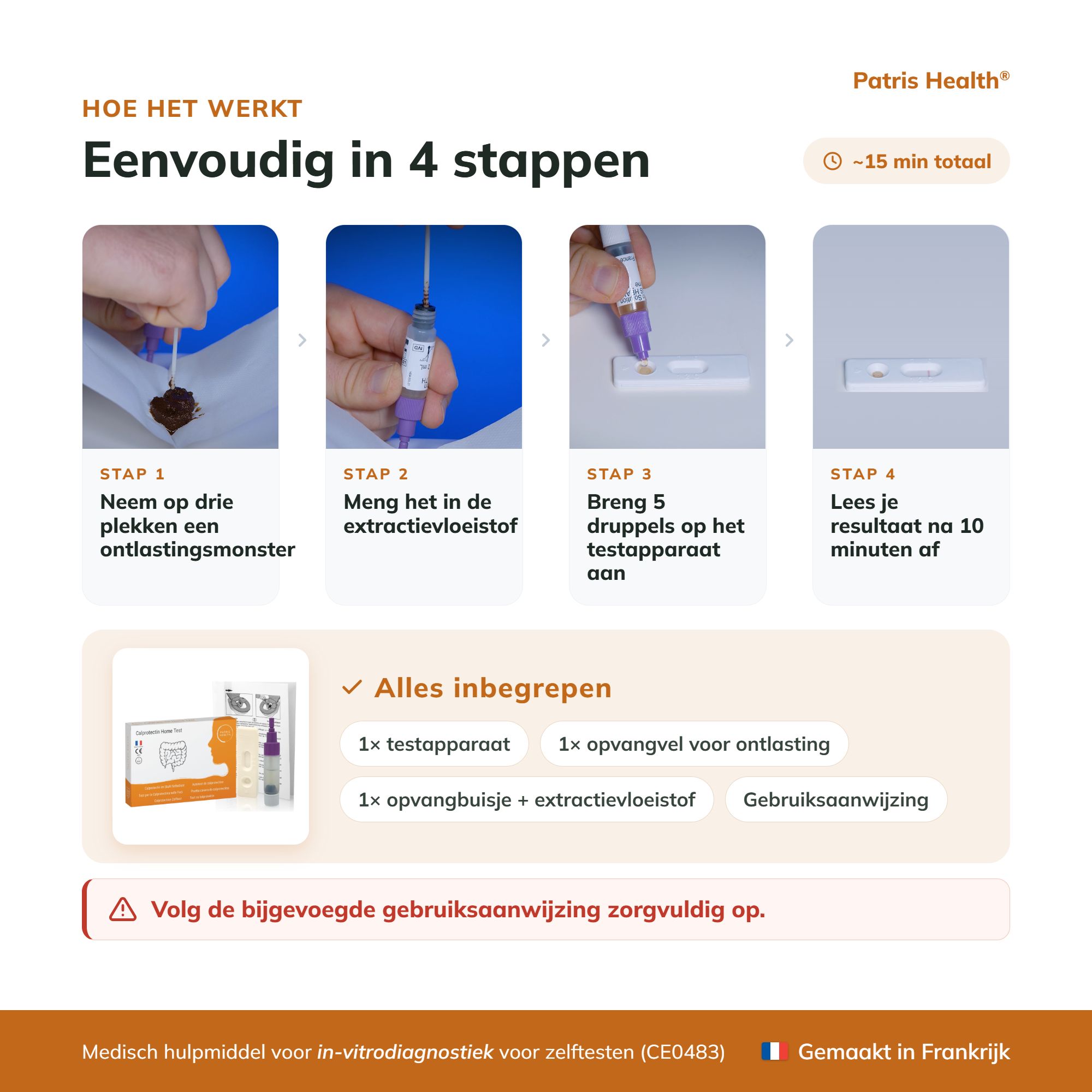 Nederlandse versie: 4 stappen voor het gebruik van de Calprotectin-test.