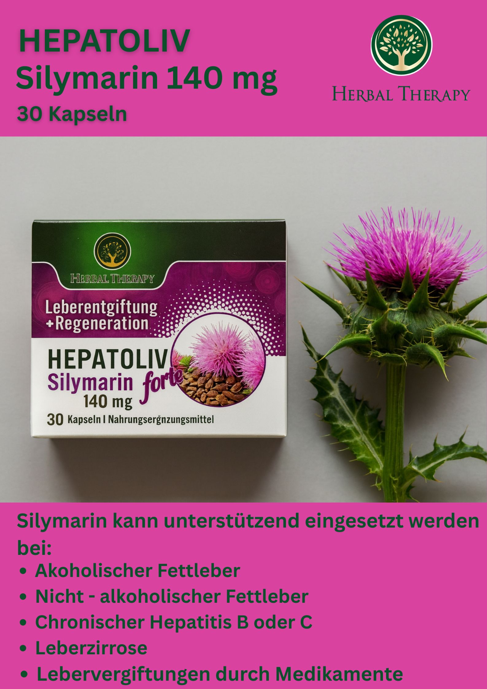 Boîte HEPATOLIV Silymarin 140 mg avec texte et illustration. Nom du produit, 30 gélules. Fond avec plante.