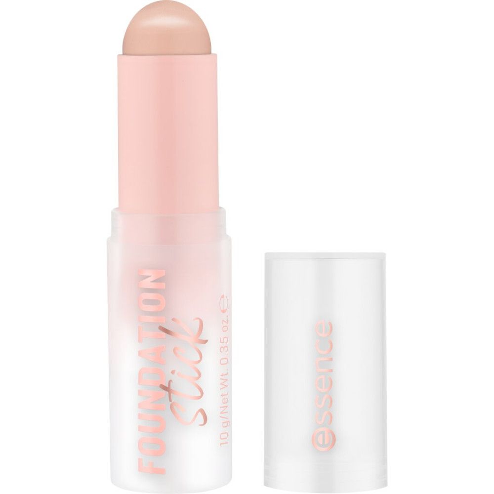 Foundation stick, roze verpakking, transparante dop. Open, dop ernaast. Opschrift: Foundation Stick, essence.