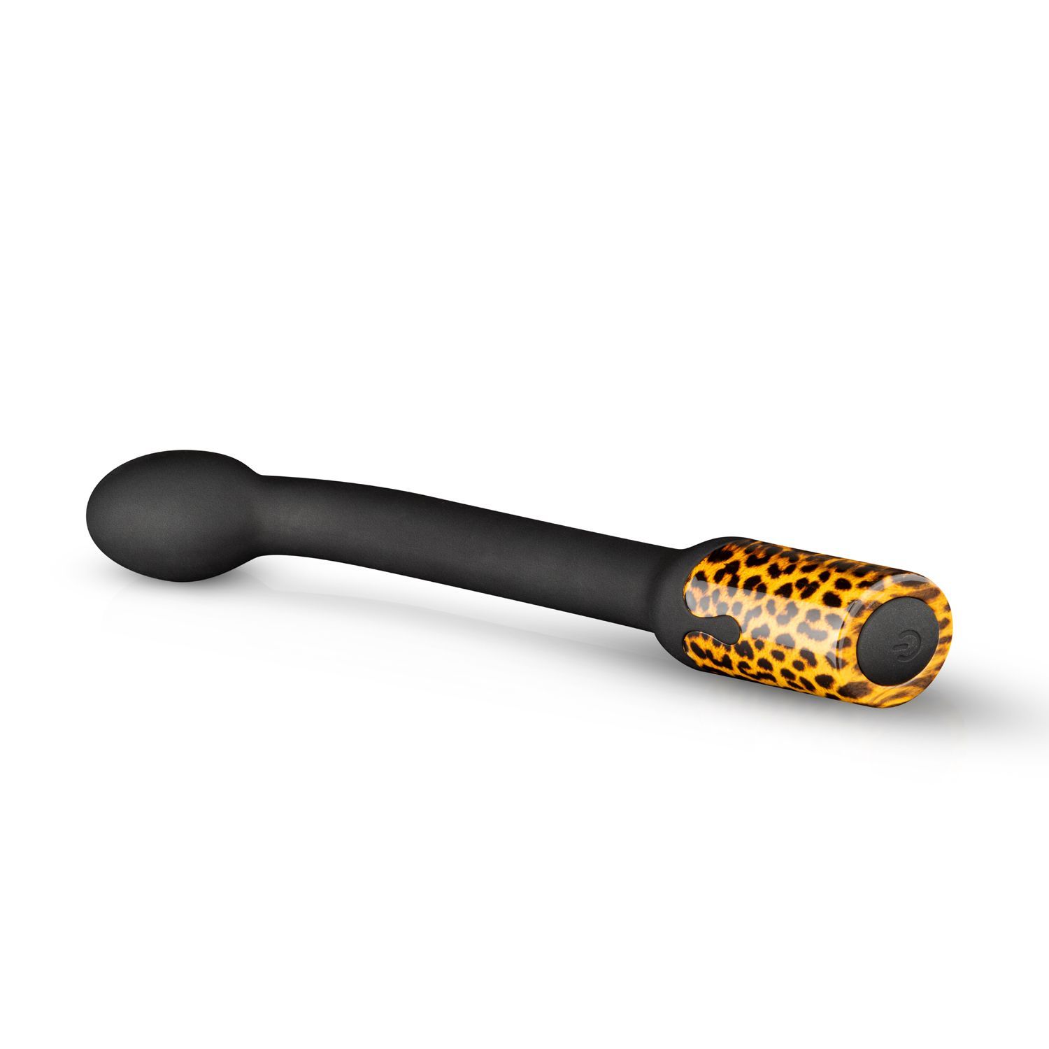 Vibrateur noir incurvé avec base à motif léopard, posé sur fond blanc.