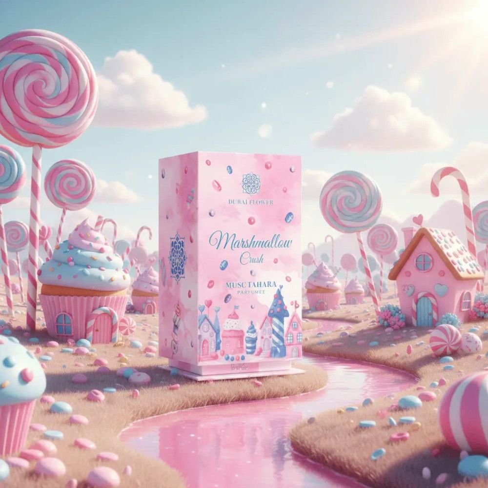 Roze verpakking met "Marshmallow Crush". Illustraties van huizen en snoep. Dubai Flower logo. Snoeplandschap.