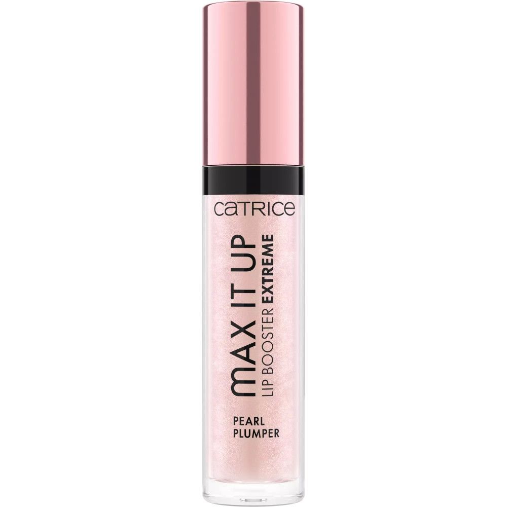 Lipglossflesje met roze dop. Opschrift: CATRICE, MAX IT UP, LIP BOOSTER EXTREME, PEARL PLUMPER.