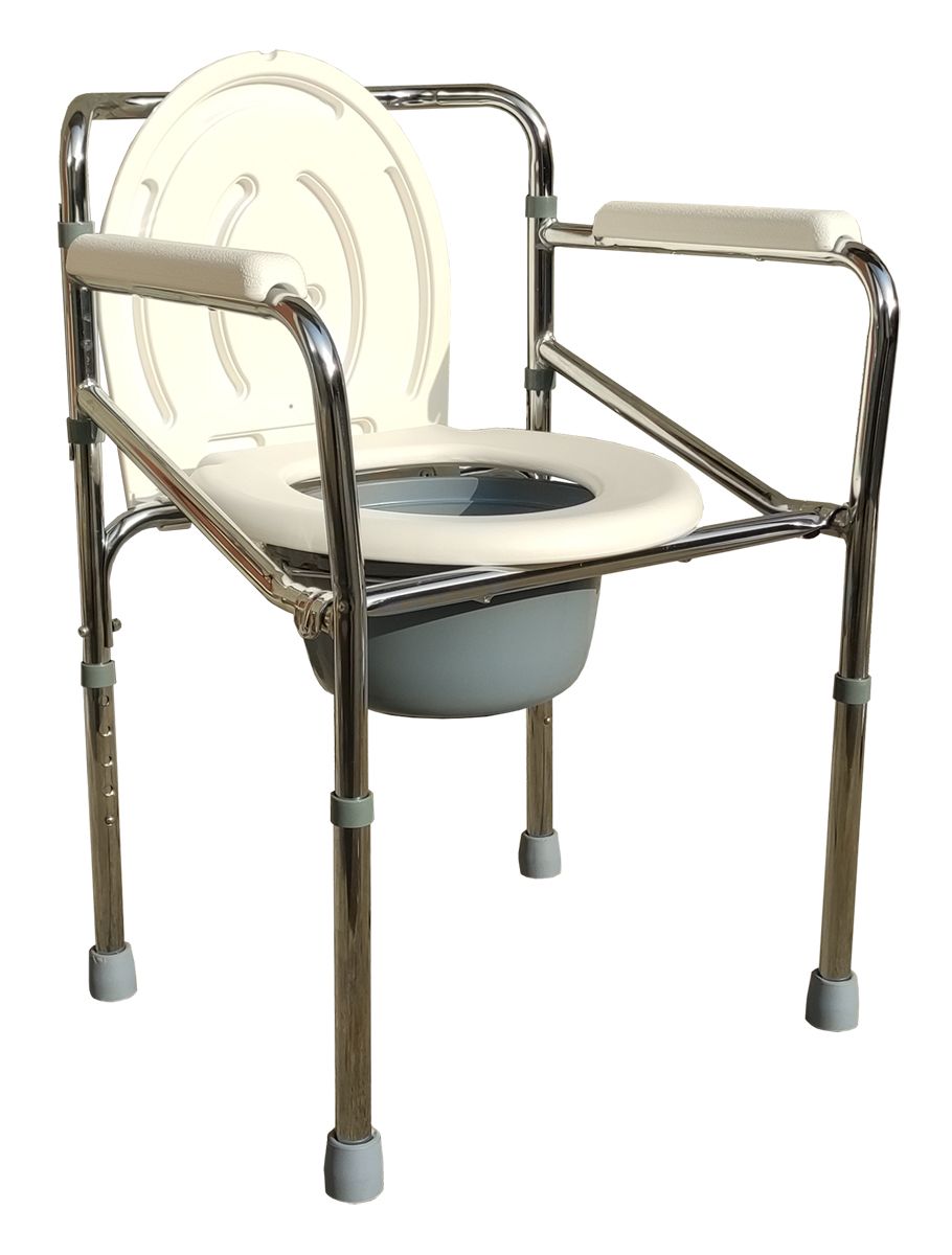 Chaise de toilette avec siège et dossier blancs, accoudoirs, pieds réglables en hauteur et seau.