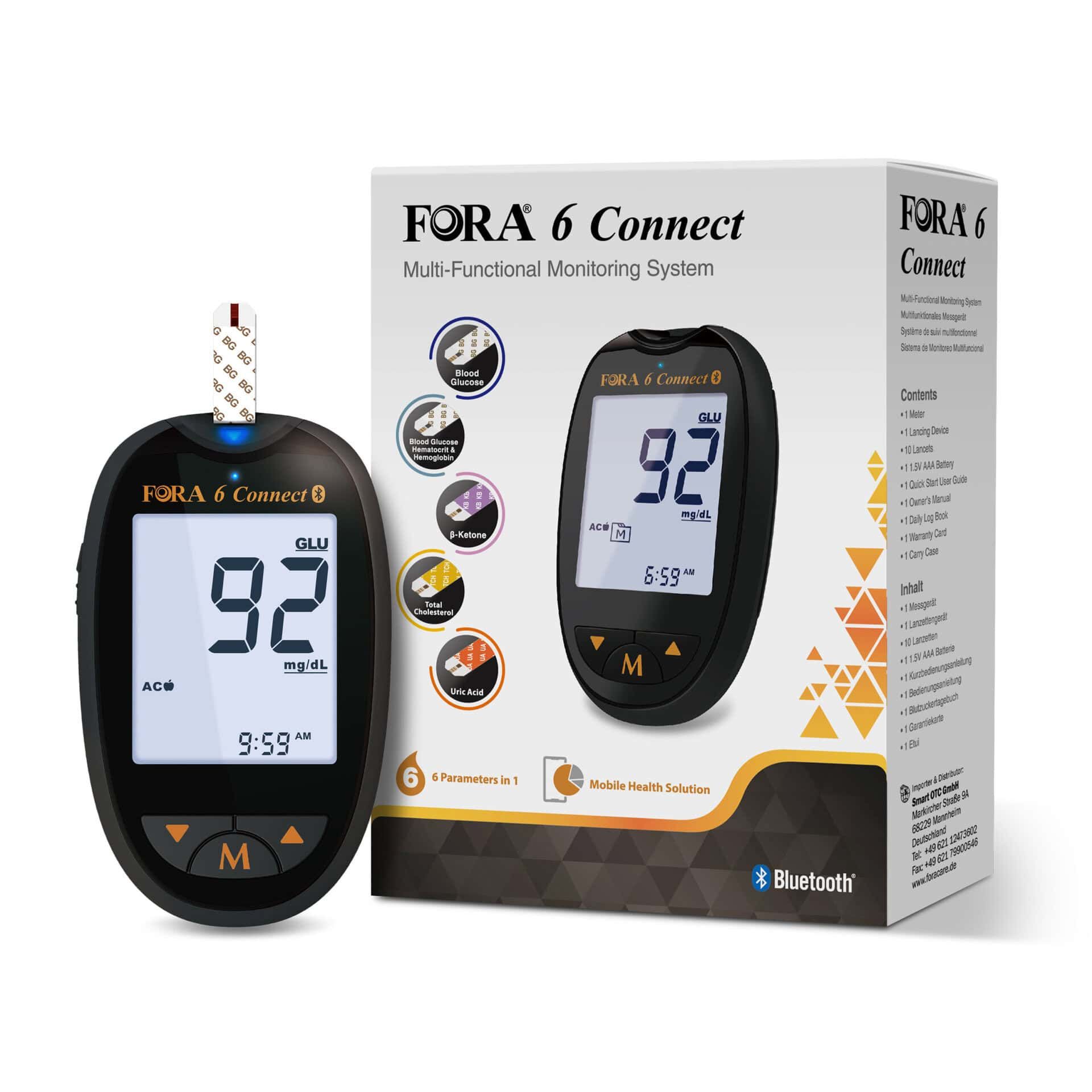 Glucomètre FORA 6 Connect et boîte, 6 paramètres en 1.