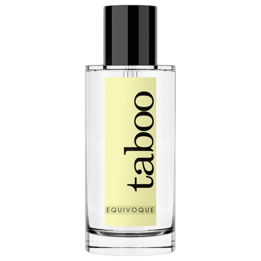 Eau de Toilette Taboo Equivoque Unisex, 50ml, 80% Vol. in een heldere glazen fles.