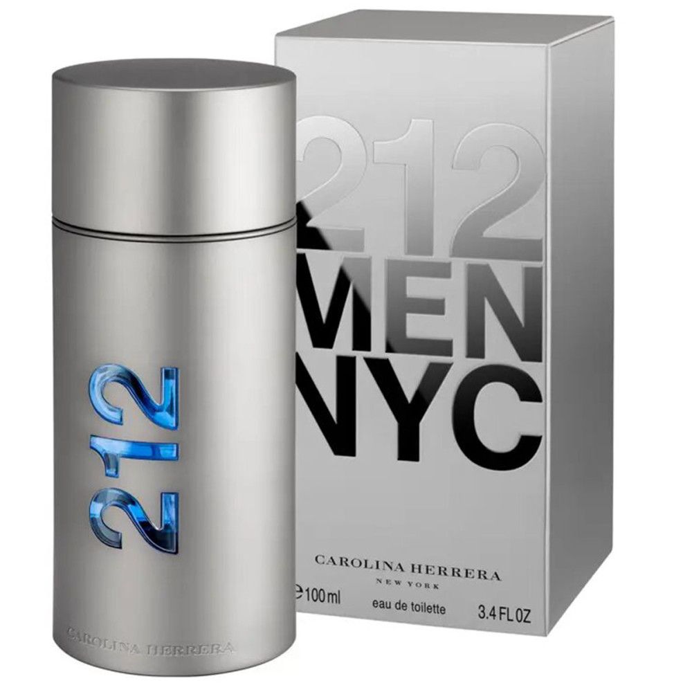 Flacon et emballage Carolina Herrera 212 Men EdT. Flacon argenté avec chiffres bleus "212".