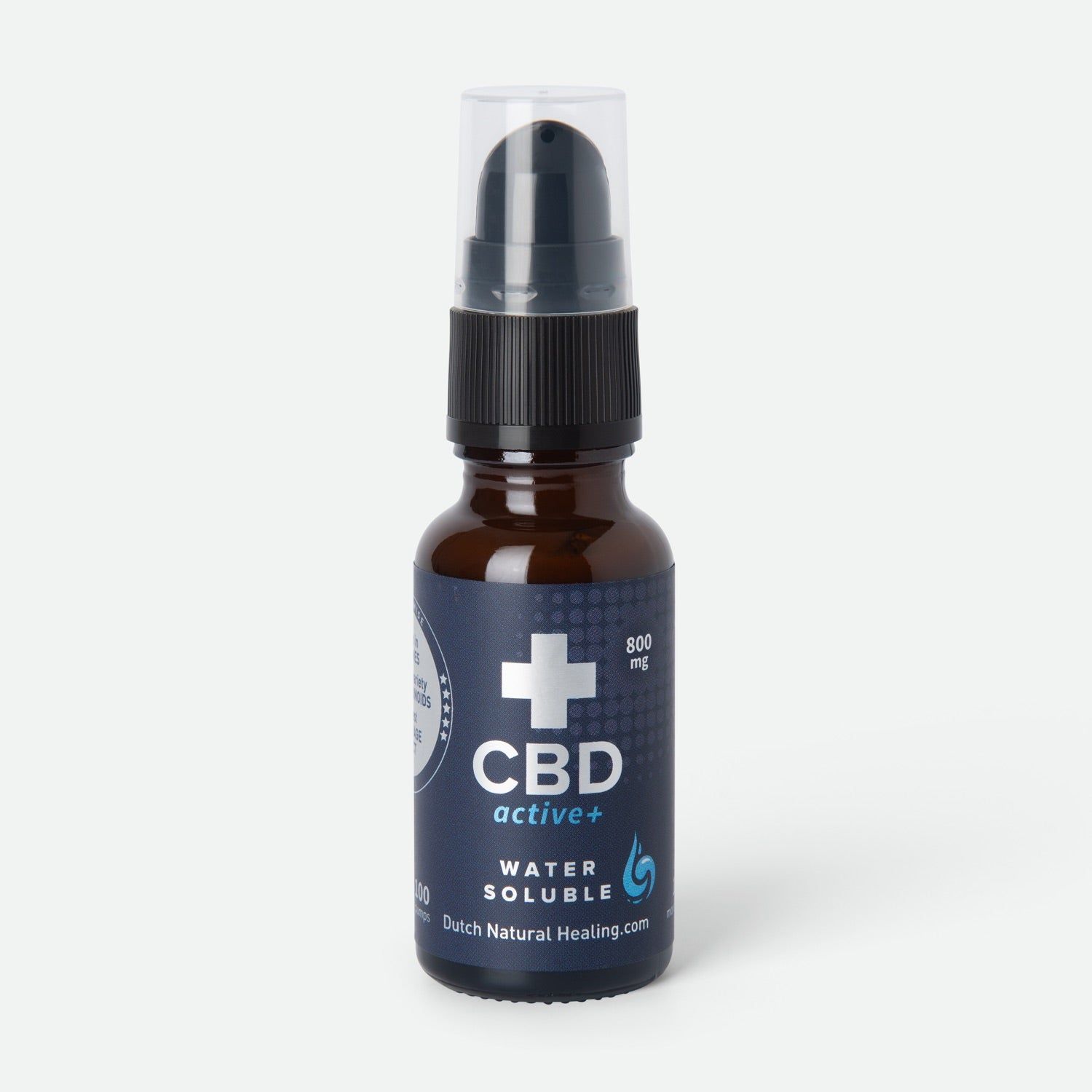 Bruine glazen fles met zwarte pomp. Opschrift: CBDactive+ Water Soluble. Wit kruis-logo.