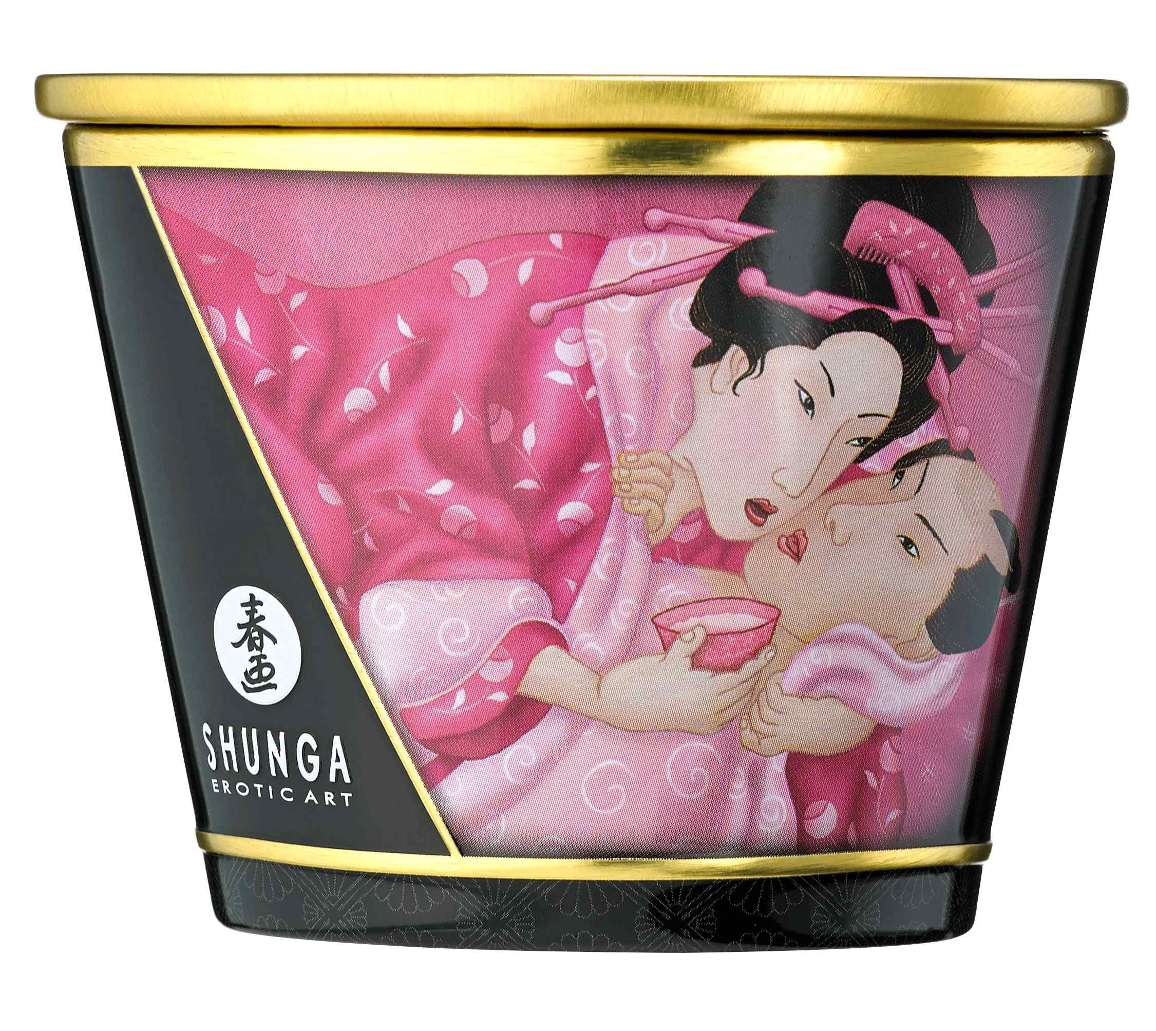 Massagekaars met roze en zwarte versieringen die een Japans stel tonen. Zonder deksel.