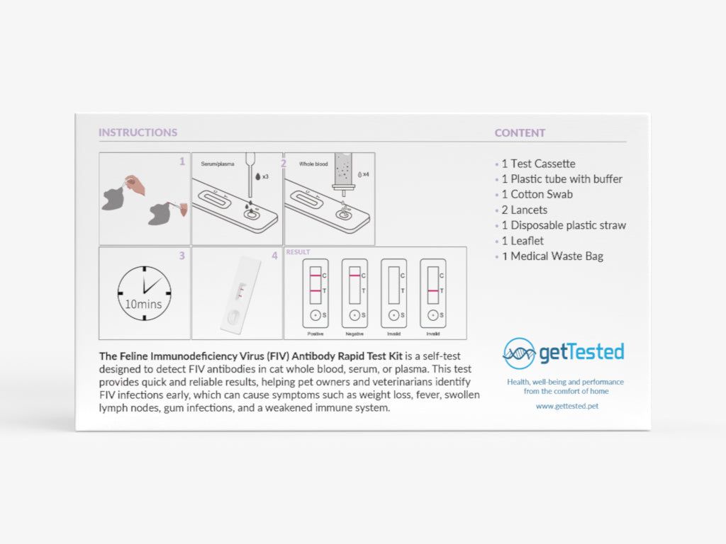 Boîte du test GetTested Immundefizienz pour chats. Contient cassette de test, tube, coton-tige, lancettes, paille, notice et sac poubelle.