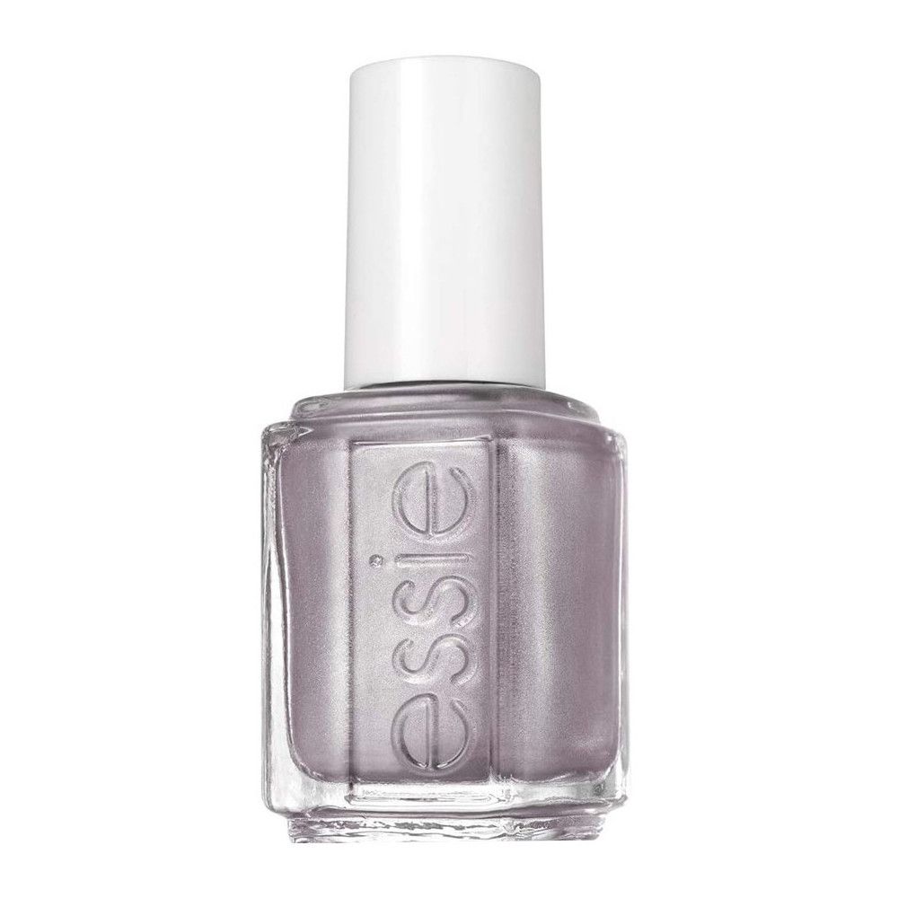 Nagellakflesje met metallic grijs. Witte dop, opschrift Essie. Transparant glazen flesje.