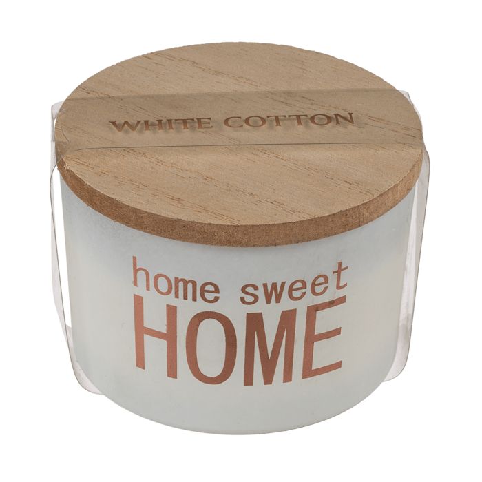 Witte geurkaars met houten deksel. Opschrift "home sweet HOME". Deksel met "WHITE COTTON".