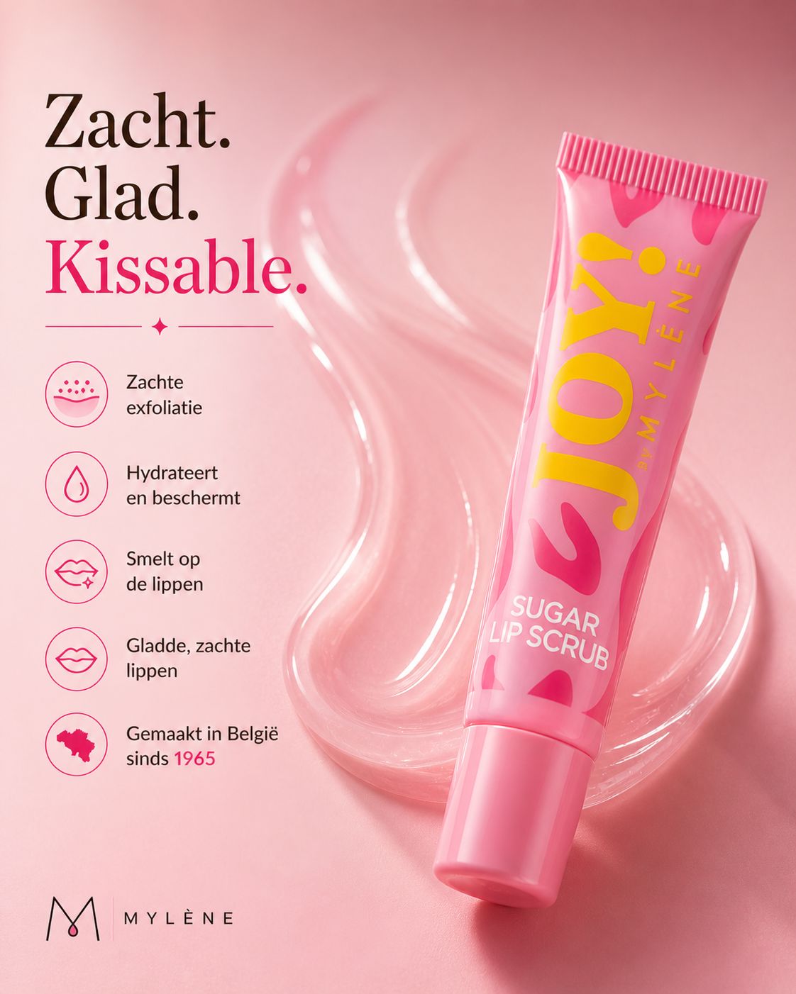 Mylène JOY! Sugar Lip Scrub tube met Nederlandse teksten over zachte exfoliatie.