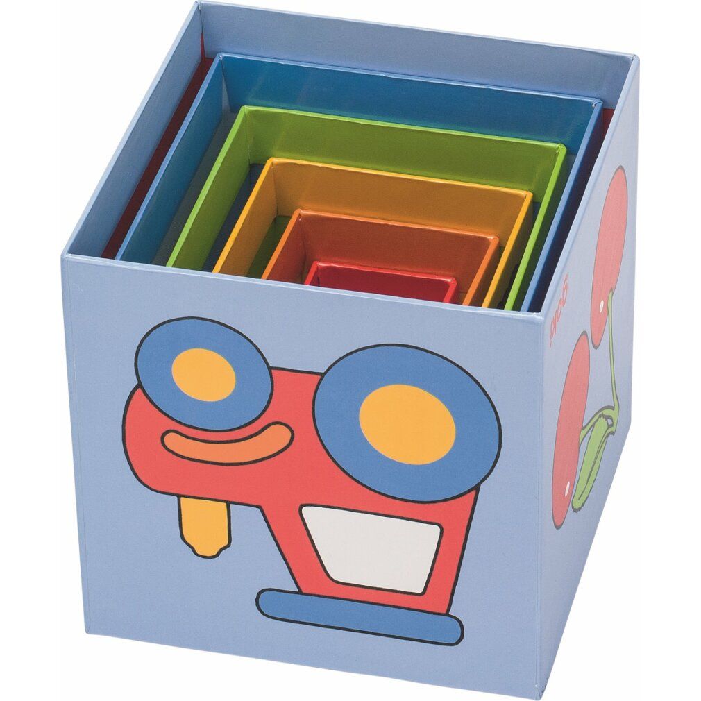 Goki Cheerful Block Tower. Six blocs carrés colorés emboîtés. Dans une boîte avec une illustration de voiture.