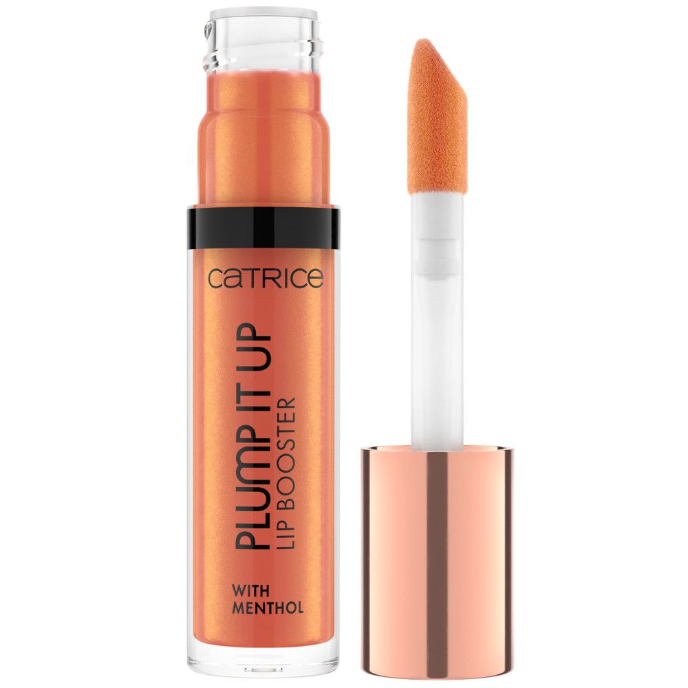 Lipglossflesje met applicator. Opschrift: PLUMP IT UP LIP BOOSTER, WITH MENTHOL. Oranje tint. Merk: Catrice.