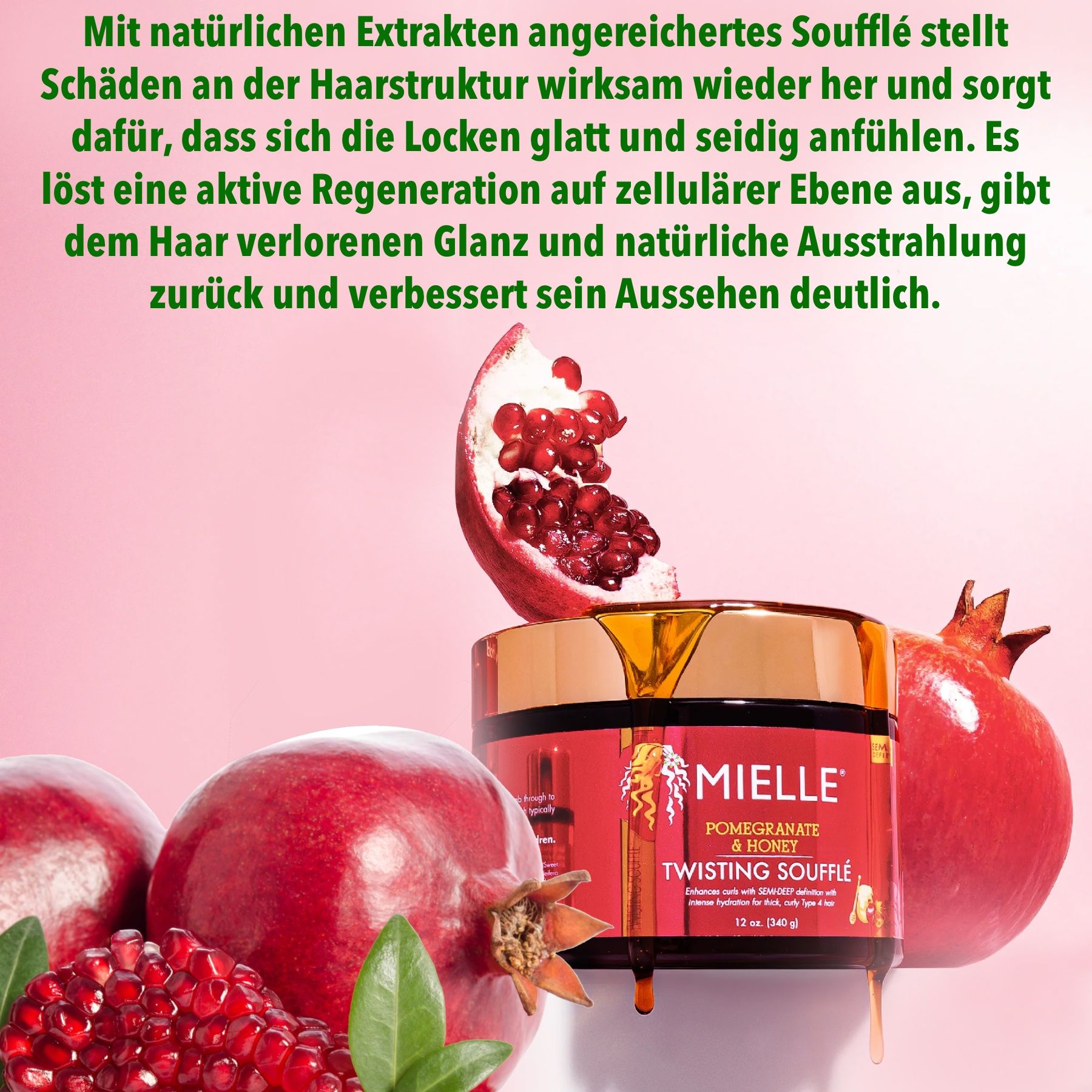 Pot rose avec couvercle doré. Inscription : Mielle Pomegranate & Honey Twisting Soufflé. Grenades et miel.