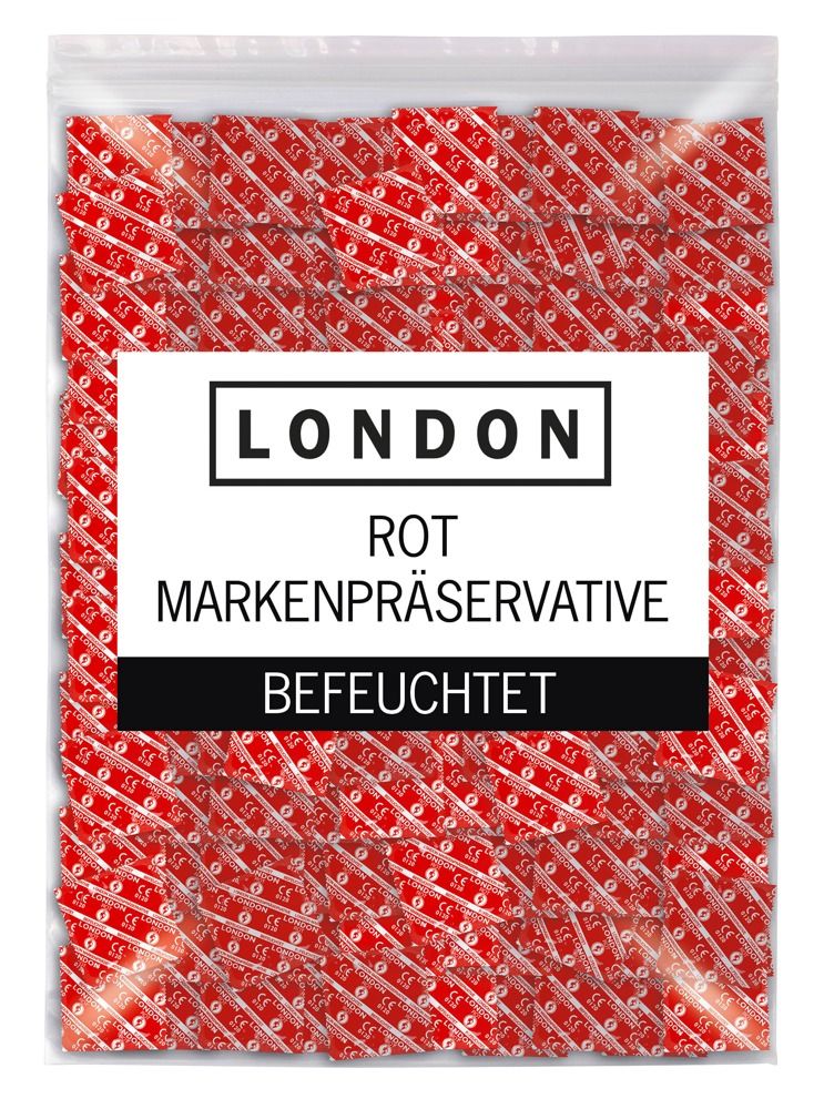 Verpakking met veel rode condoomverpakkingen. Opschrift: LONDON ROT MARKENPRÄSERVATIVE BEFEUCHTET.