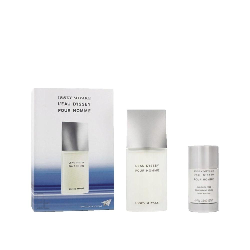 Geschenkset met fles, deodorant stick en verpakking. Verpakking met productafbeelding en tekst "L'EAU D'ISSEY POUR HOMME". Fles en deodorant stick ernaast.