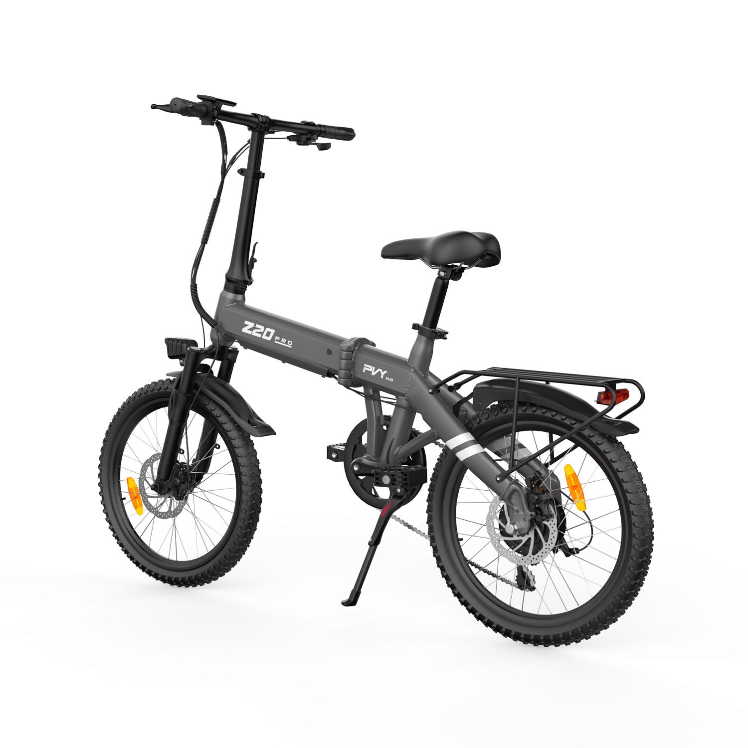 Grijze opvouwbare e-bike met zwart zadel, stuur en banden. Achterdrager. PVY-logo.