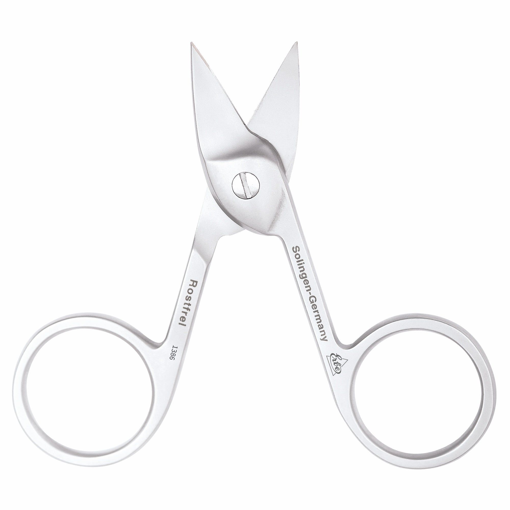 Roestvrijstalen nagelschaar. Roestvrij, Solingen-Duitsland. Met ronde handgrepen en puntige bladen. Opschrift: Rostfrei 1386.