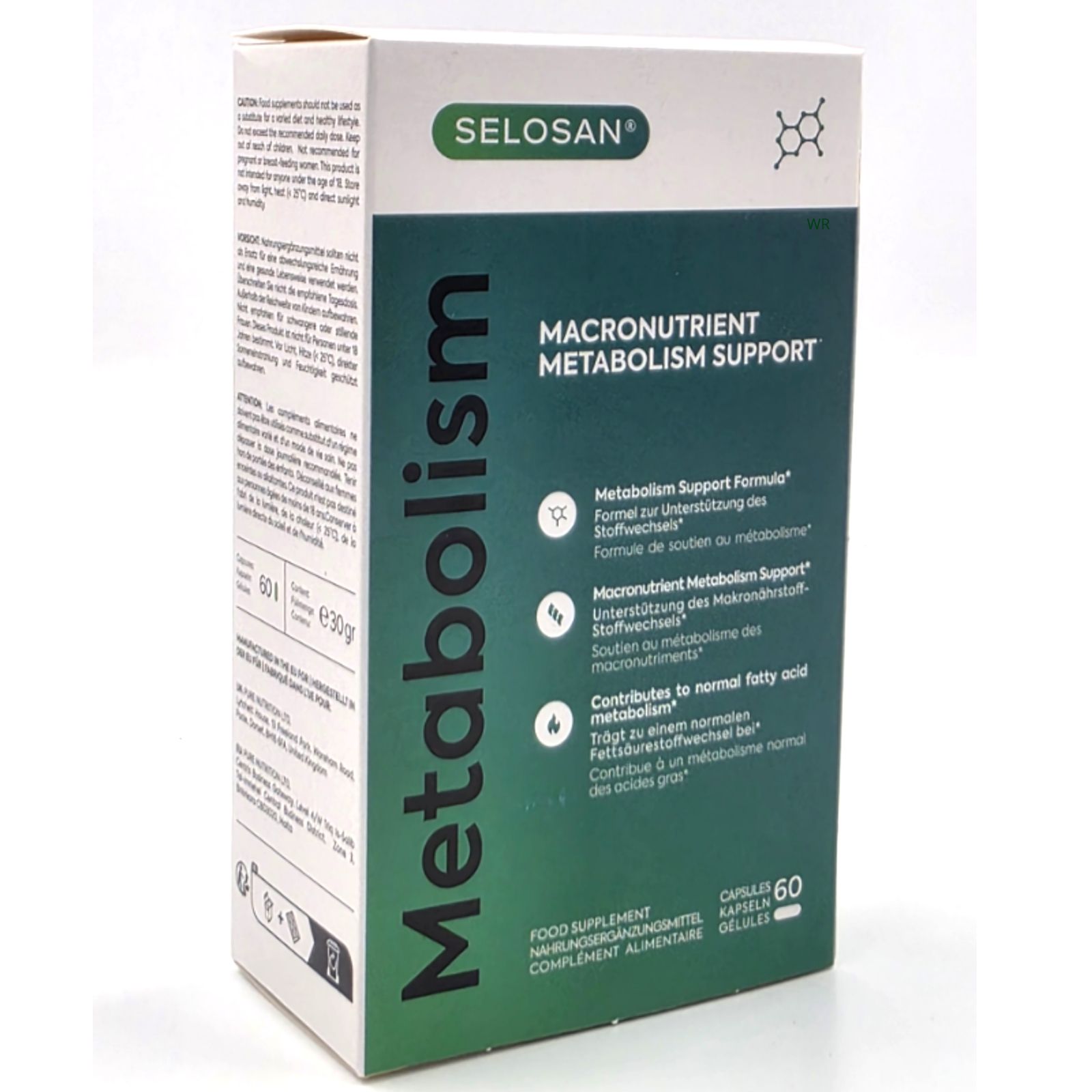Boîte blanche et verte de gélules Selosan. Inscription : "Metabolism", "Macronutrient Metabolism Support". Contient 60 gélules.