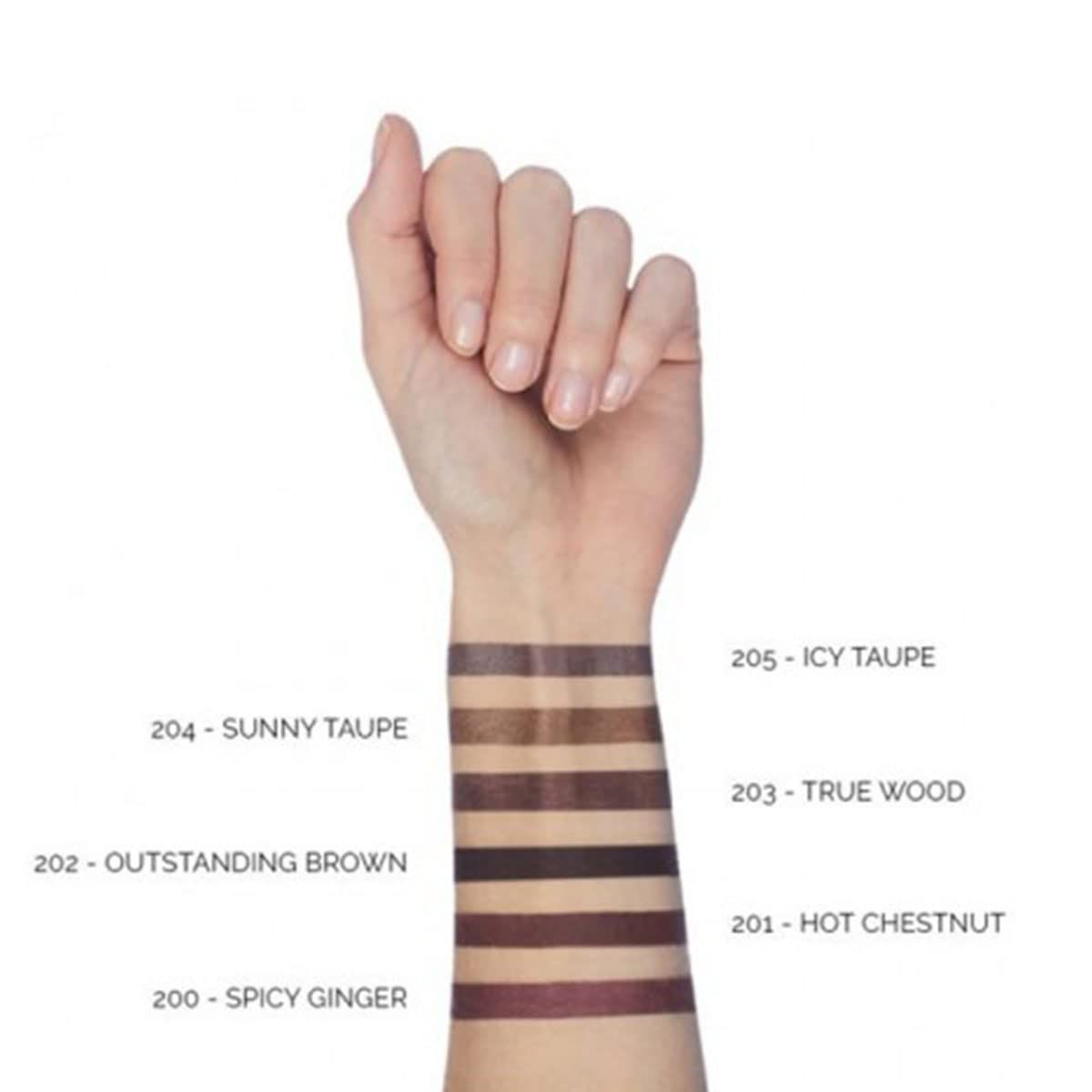 Bras avec échantillons de couleurs. Différentes nuances de brun. Inscriptions : Sunny Taupe, Icy Taupe, True Wood, Hot Chestnut, Spicy Ginger.