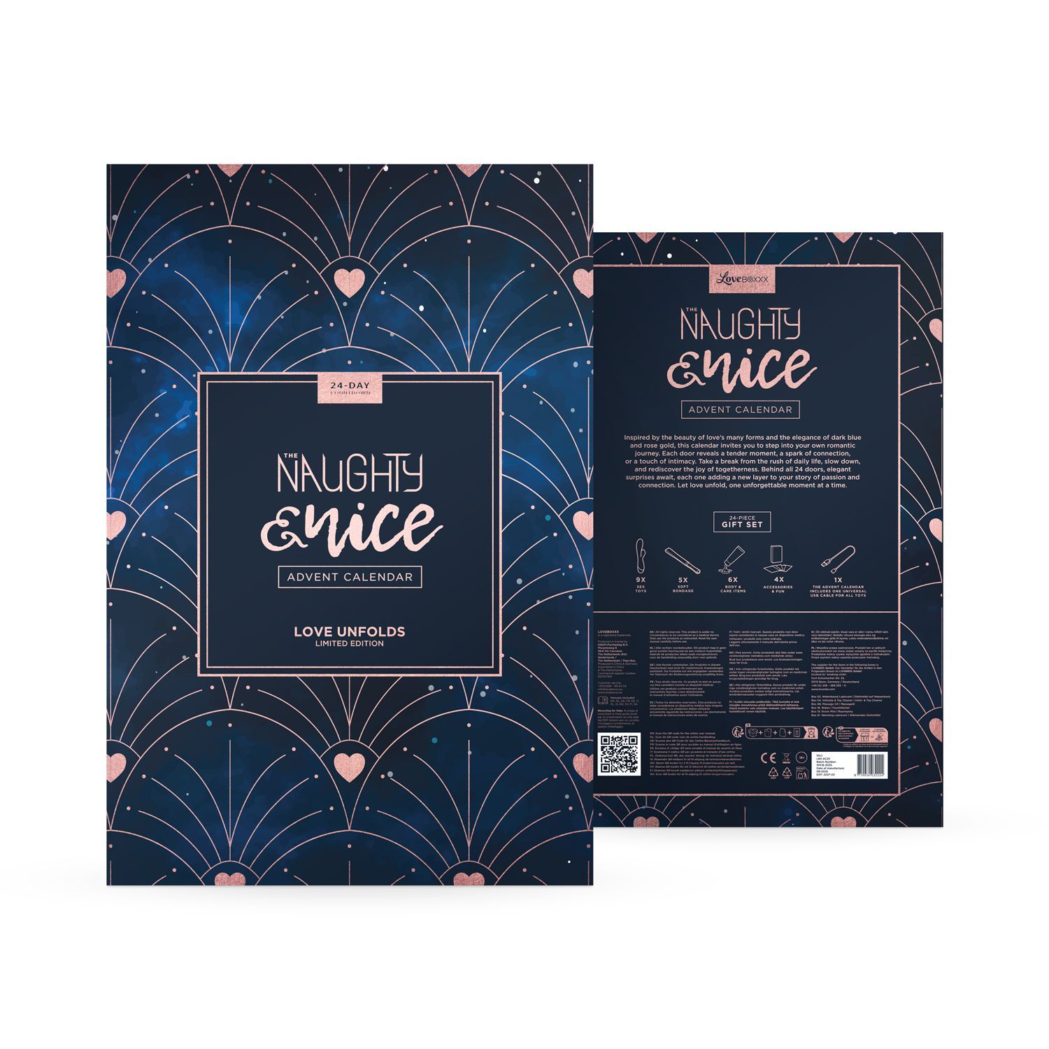 Adventskalender, gesloten. Blauwe en roze elementen. Opschrift: Naughty & Nice Adventskalender.