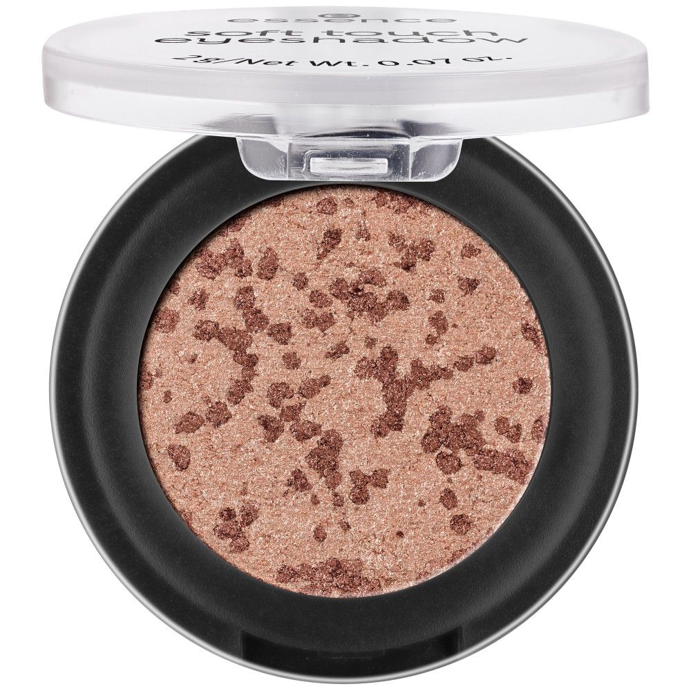 Fard à paupières rond dans un boîtier noir avec couvercle transparent. Le fard est beige avec des taches marron. "essence soft touch eyeshadow" sur le couvercle.