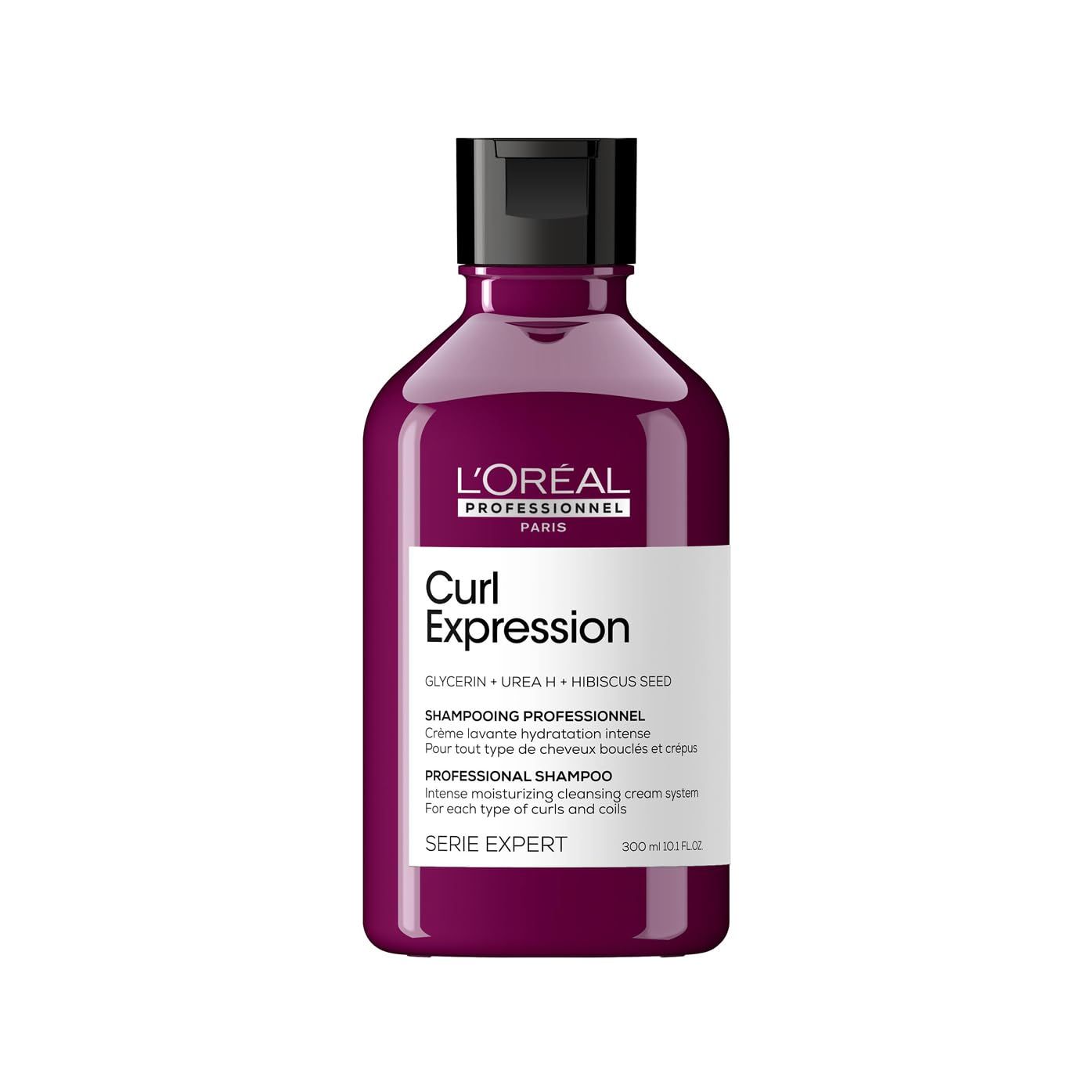 Fles L'Oréal Professionnel Curl Expression shampoo. Paarse fles, zwarte dop, wit etiket.