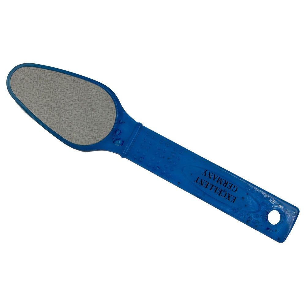 Blauwe eeltverwijderaar. Grijze schuurvlak. Opschrift: EXCELLENT GERMANY. Gat in handvat.