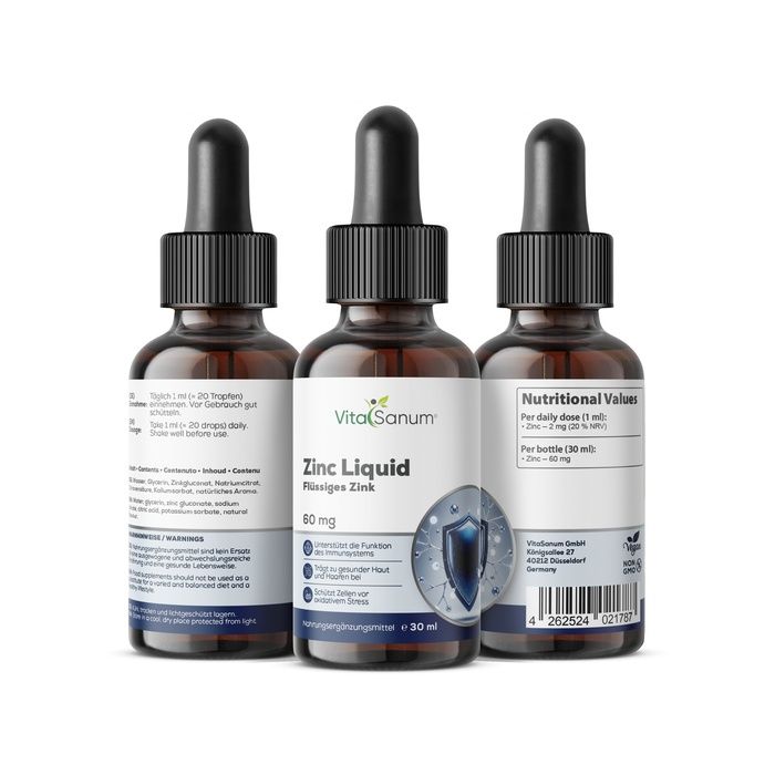 Drie VitaSanum Zink Liquid flessen. Bruin glas met druppelaar. Zink voor immuunsysteem en huid. 30 ml.