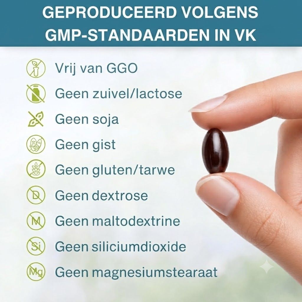 Lijst met ingrediënten zonder toevoegingen, geproduceerd volgens GMP-normen.