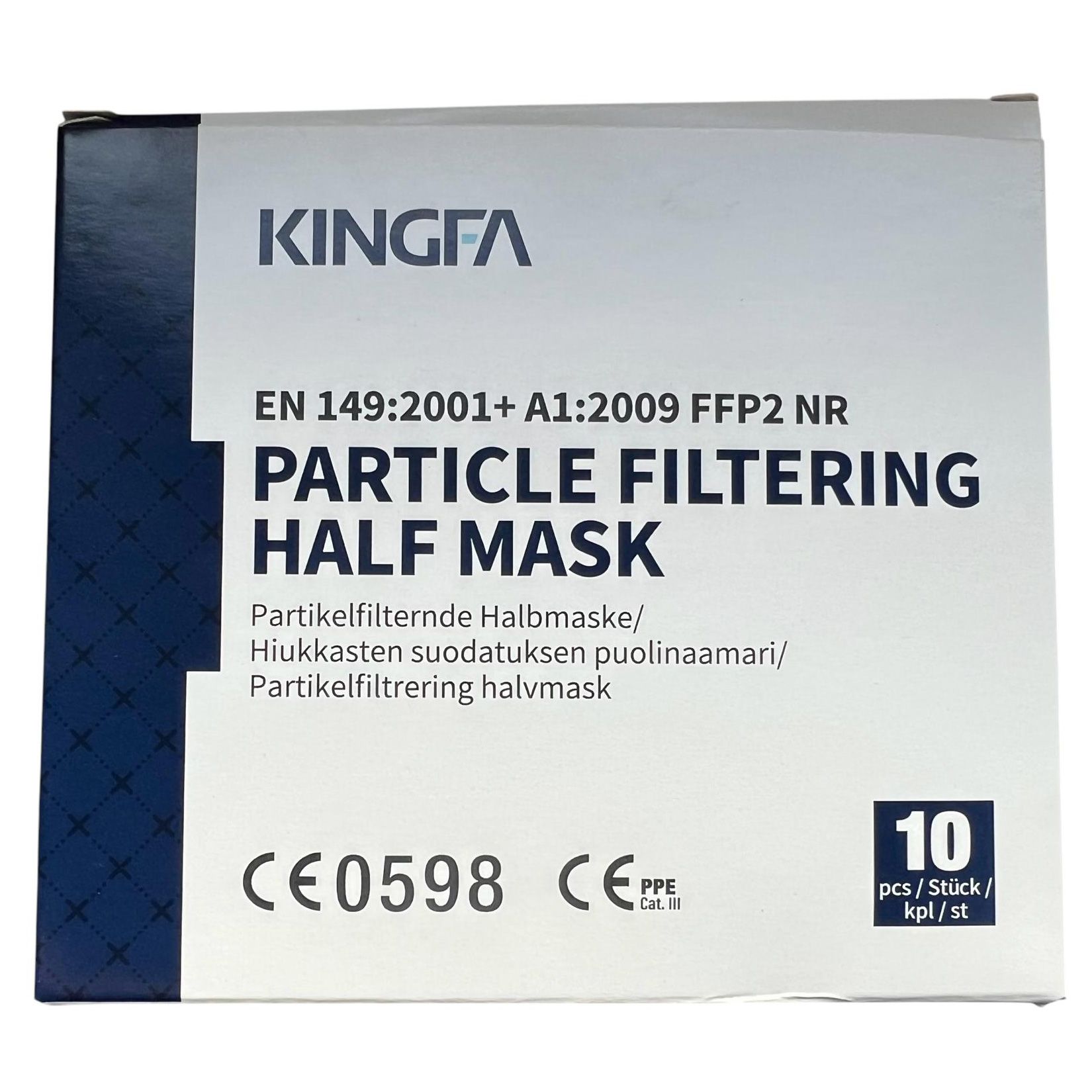 Boîte de masques respiratoires Kingfa FFP2. Texte: EN 149:2001+A1:2009 FFP2 NR, Particle Filtering Half Mask, CE 0598. 10 pièces.