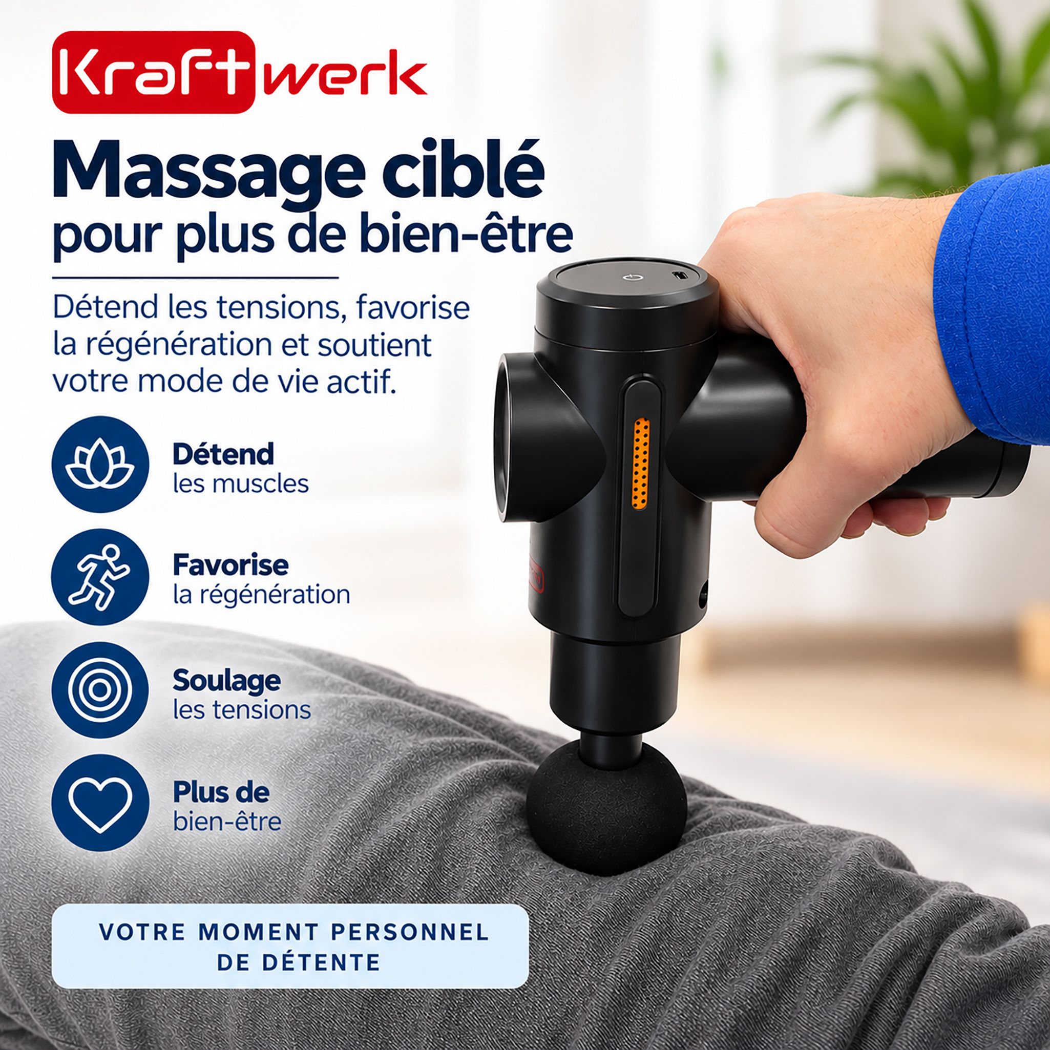 Main tenant un pistolet de massage sur la jambe pour un massage musculaire ciblé.